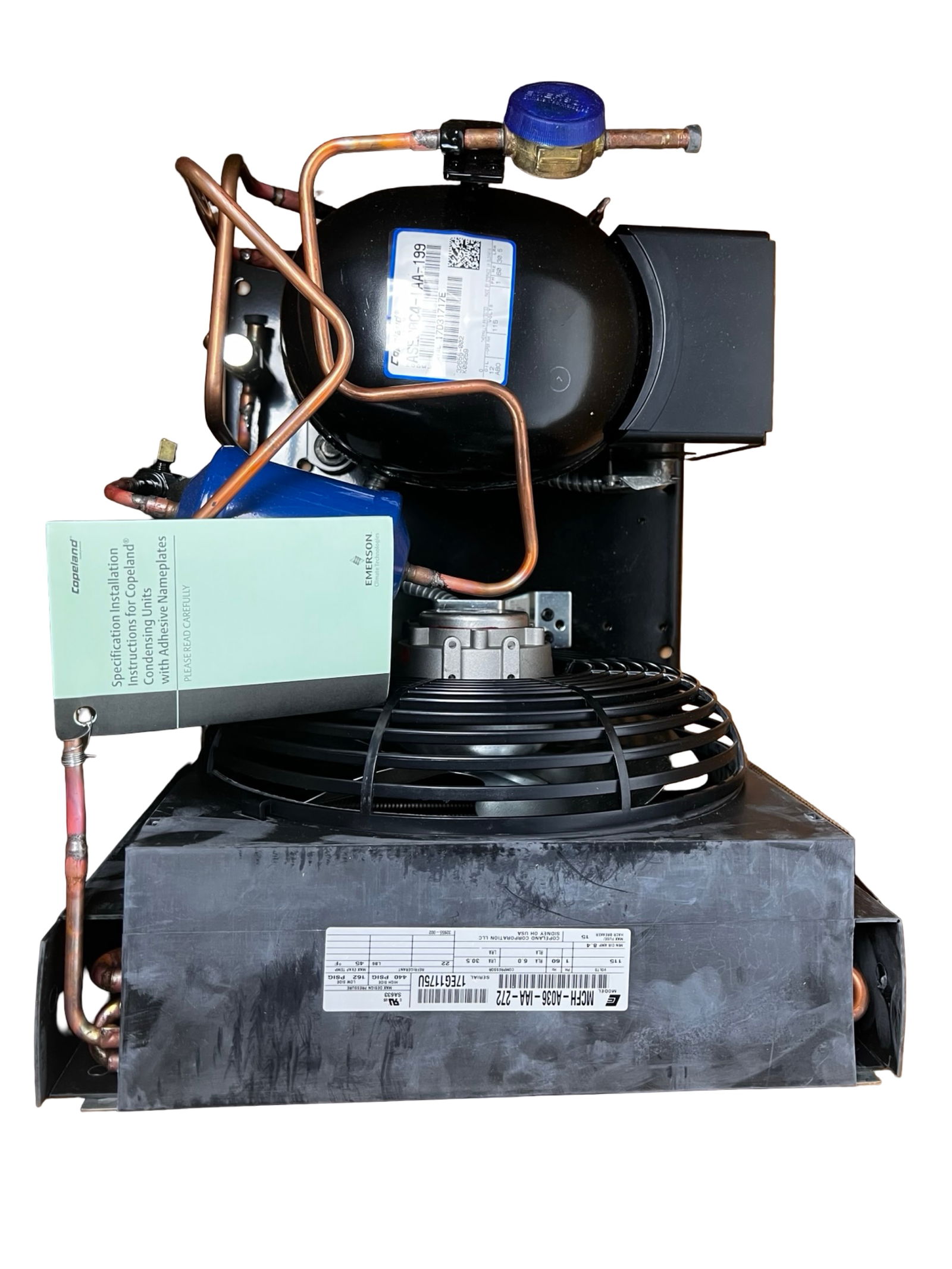 Copeland Commercial Refrigeration Condensing Unit: Commercial Copeland refrigeration condensing unit, model MCFH-A035-IAA-272, designed for use in commercial refrigeration systems such as walk-in coolers, freezers, and other professional cold storage