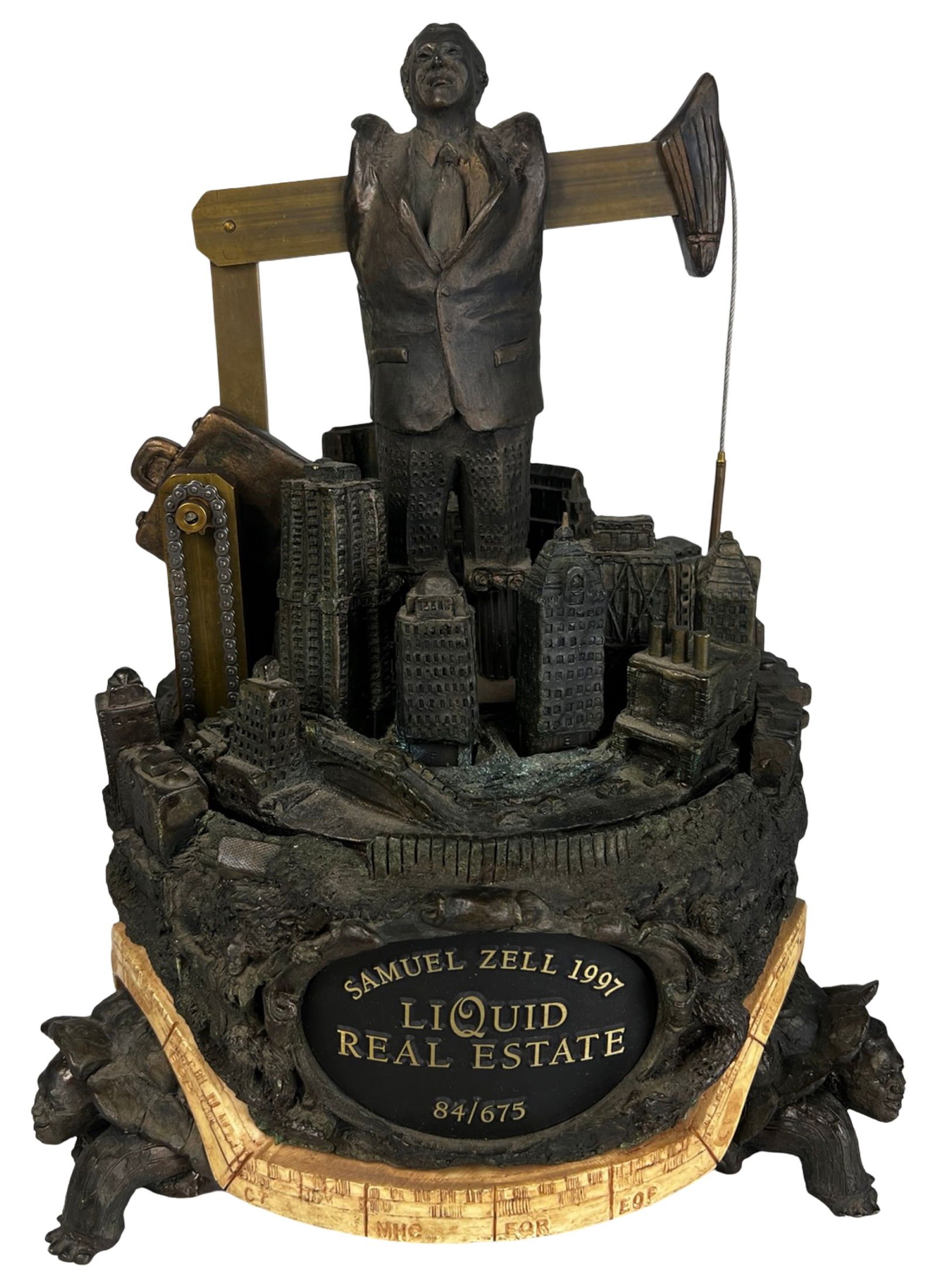 Sam Zell 1997 Liquid Real Estate Automaton Music B: Limited edition "Liquid Real Estate" automaton sculpture commissioned in 1997 by American real estate entrepreneur Sam Zell. The sculptural composition depicts a figure representing Zell standing
