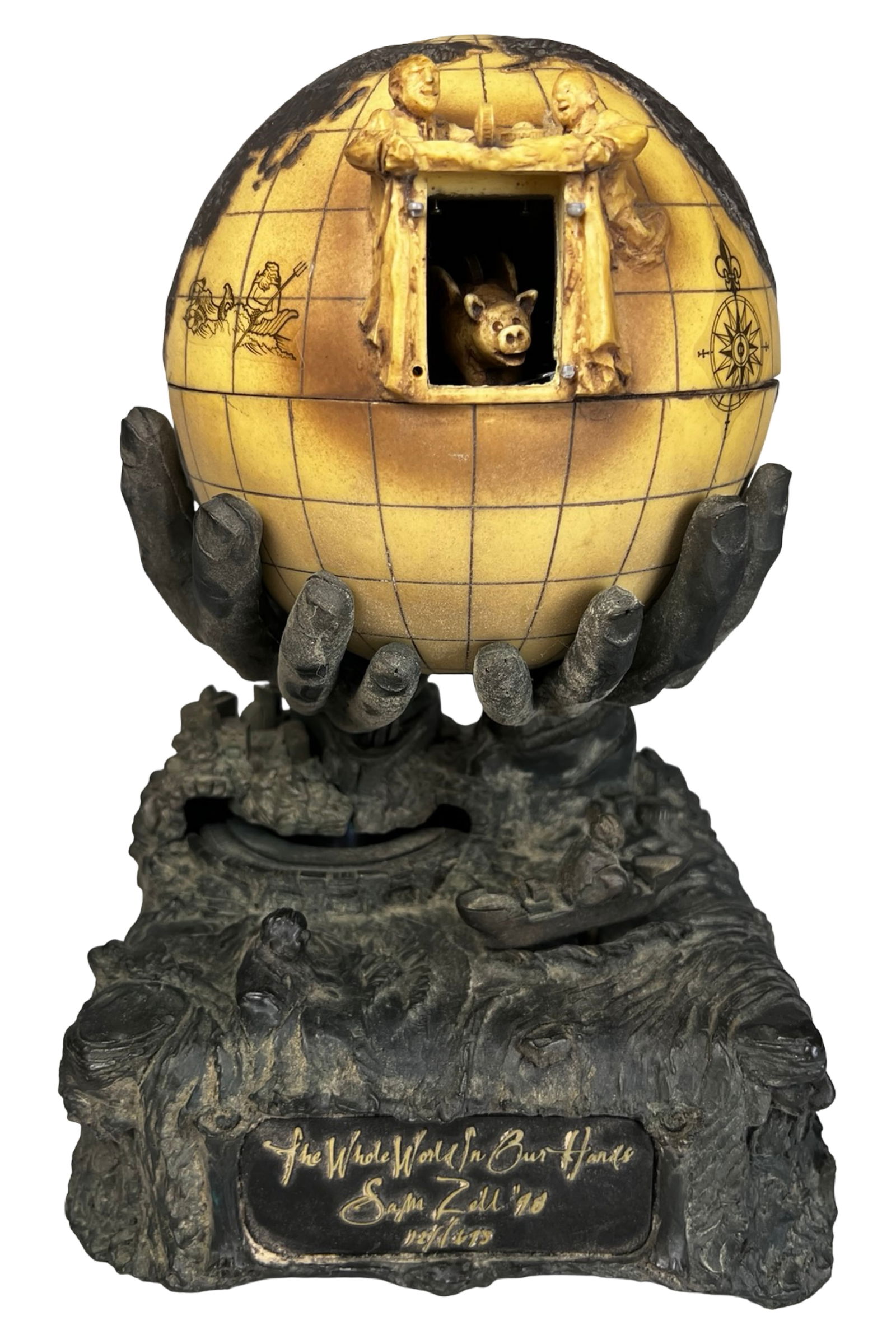 Sam Zell 1998 LE Musical Automaton Sculpture: Limited edition "The Whole World in Our Hands" musical automaton sculpture commissioned by American real estate entrepreneur Sam Zell in 1998. The sculptural composition features a pair of large