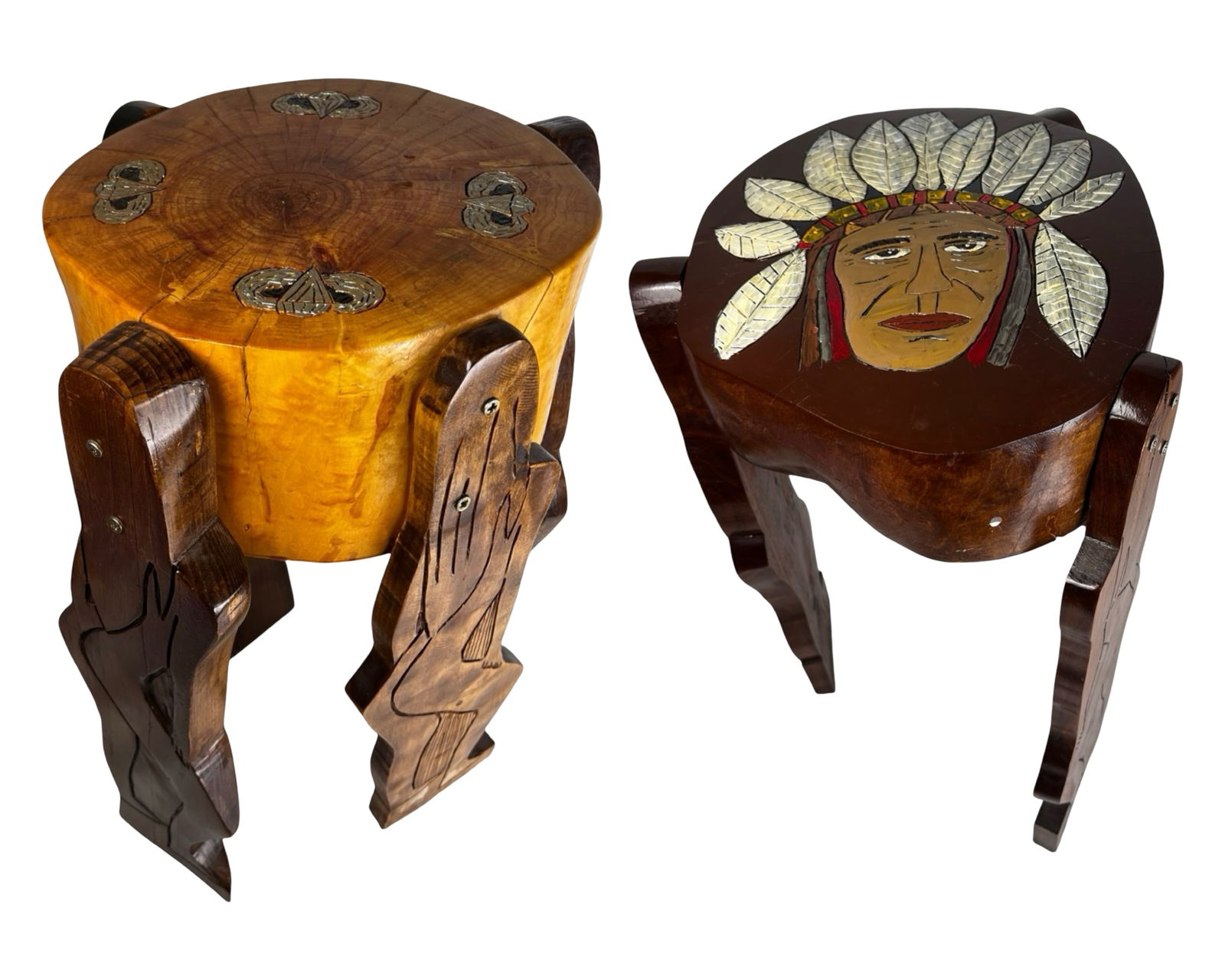 Robert Perlot- Pair of Hand Carved Wooden Stools: Striking pair of handcrafted wooden stools by artist Robert Perlot, a U.S. Army Green Beret veteran who served in Vietnam. These sculptural stools feature carved nude female silhouette legs and