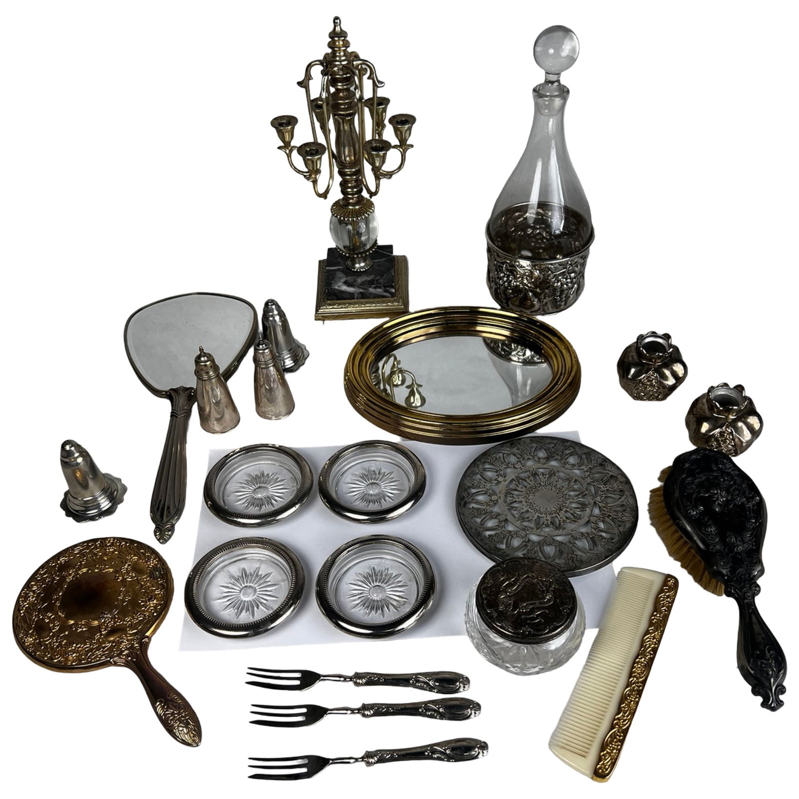Vintage Vanity & Tabletop Accessories: Large assortment of vintage vanity and tabletop accessories featuring a mix of decorative metal and glass pieces. The group includes a tall vanity mirror, handheld mirrors, hairbrush, decorative