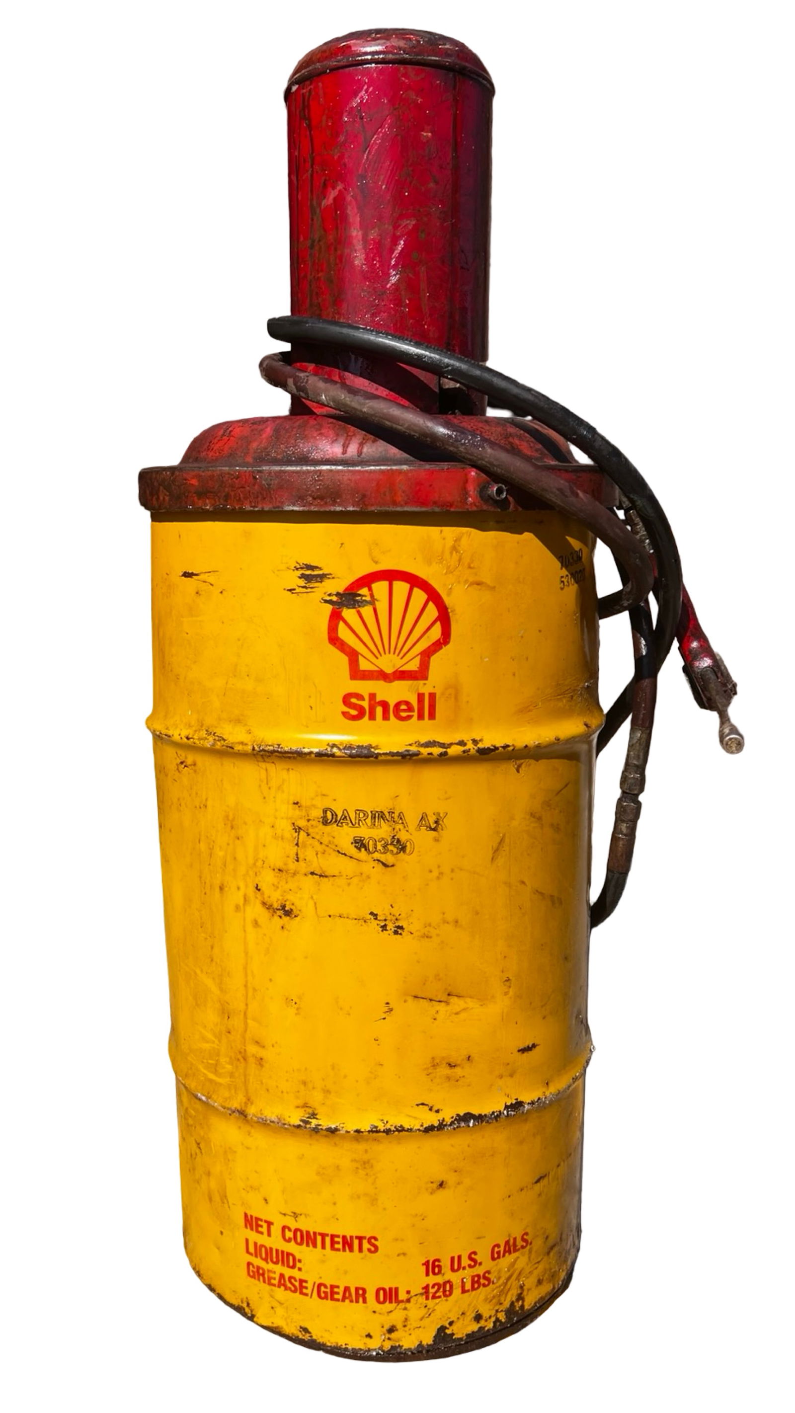 Vintage Shell Service Station Gear Oil Pump Drum: Vintage Shell service station gear oil drum pump dispenser featuring the classic yellow barrel with red Shell logo and industrial red pump assembly. The drum is marked "Darina AX 70330" and indicates
