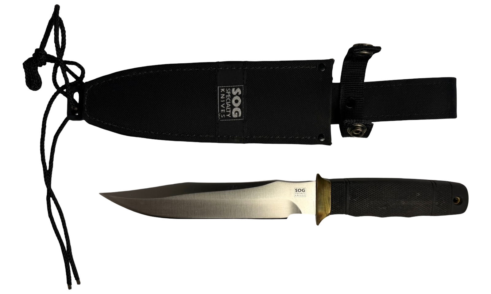 SOG Tech II Survival Bowie Knife - Seki Japan: SOG Tech II Bowie-style fixed blade knife manufactured in Seki, Japan, a region renowned for high-quality knife production. The blade is marked "SOG Specialty Knives" with "Seki-Japan" stamp on the