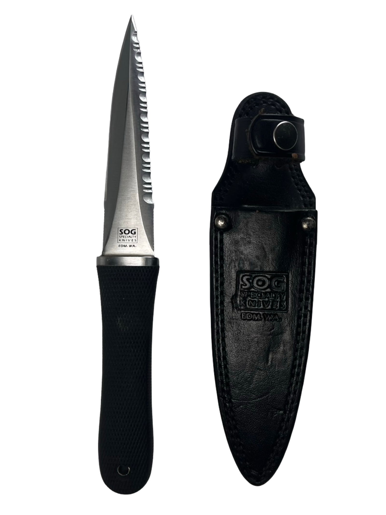 SOG Seki Japan Pentagon Serrated Boot Dagger Knife: SOG Specialty Knives Pentagon boot dagger featuring a double-edged blade with partial serrations. The blade is marked "SOG Specialty Knives, EDM. WA." with the reverse stamped "SEKI-JAPAN". The