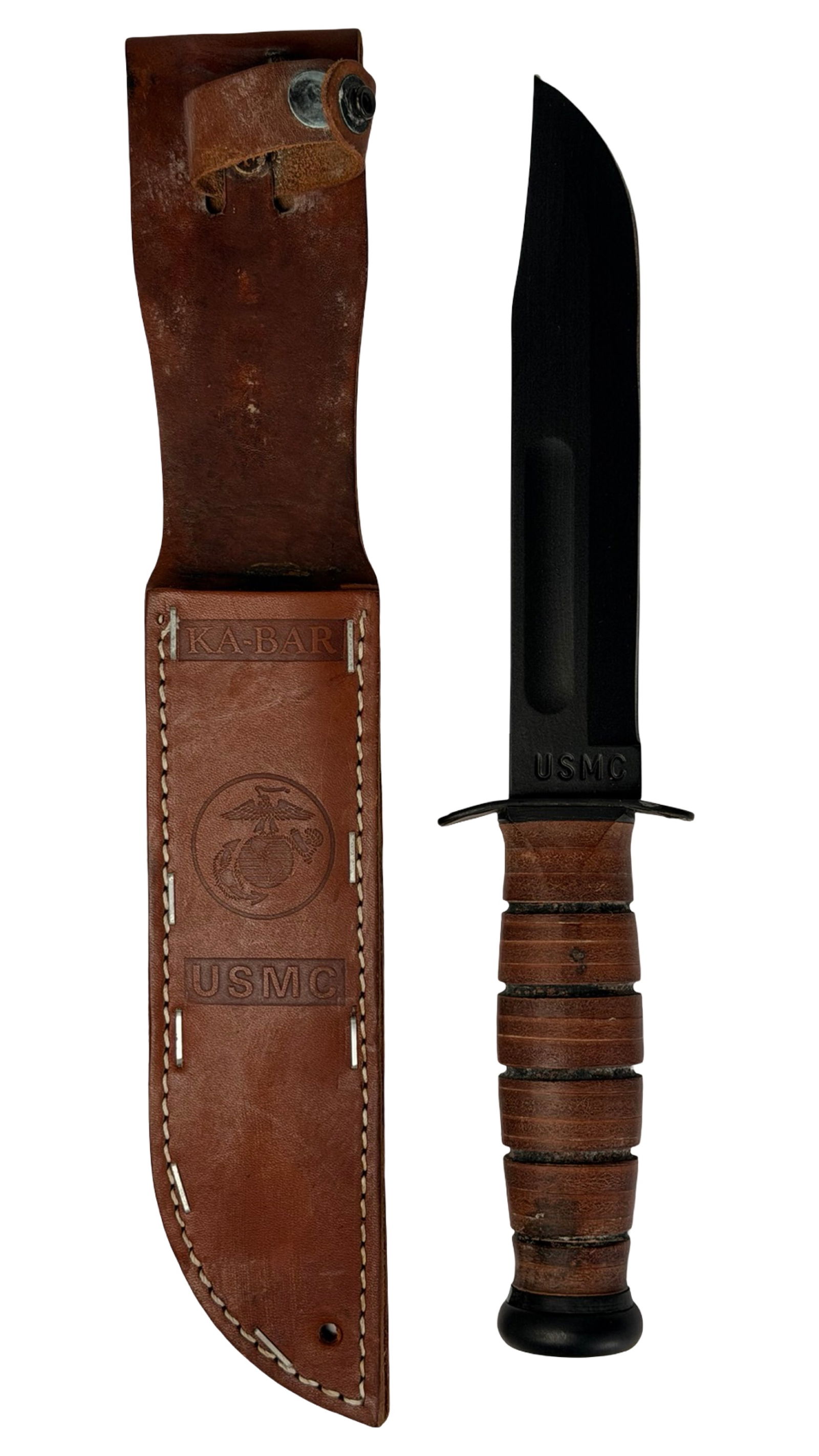 Ka-Bar USMC Marine Corps Fighting Knife: Classic Ka-Bar USMC Survival Combat Knife. The blade is stamped "USMC" on the front and "KA-BAR Olean, N.Y." on the reverse, indicating production by the historic Ka-Bar Cutlery Company in Olean, New
