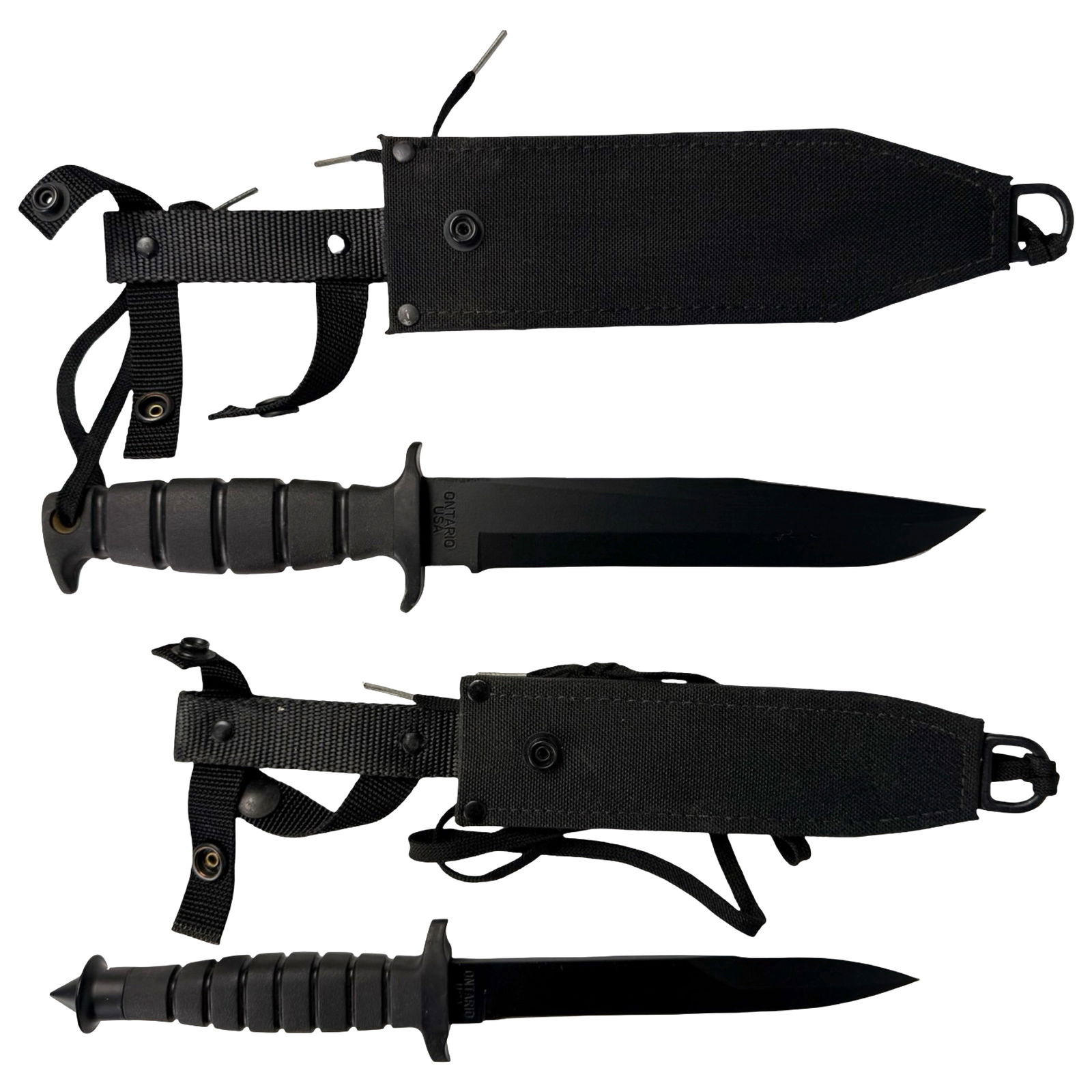 Ontario Spec Plus Fighter SP6-94 & SP3-93 Knives: Pair of Ontario Knife Company Spec Plus combat knives, including the SP6-94 Fighter and SP3-93 dagger, both marked Ontario USA on the blades. These rugged fixed-blade knives were designed for