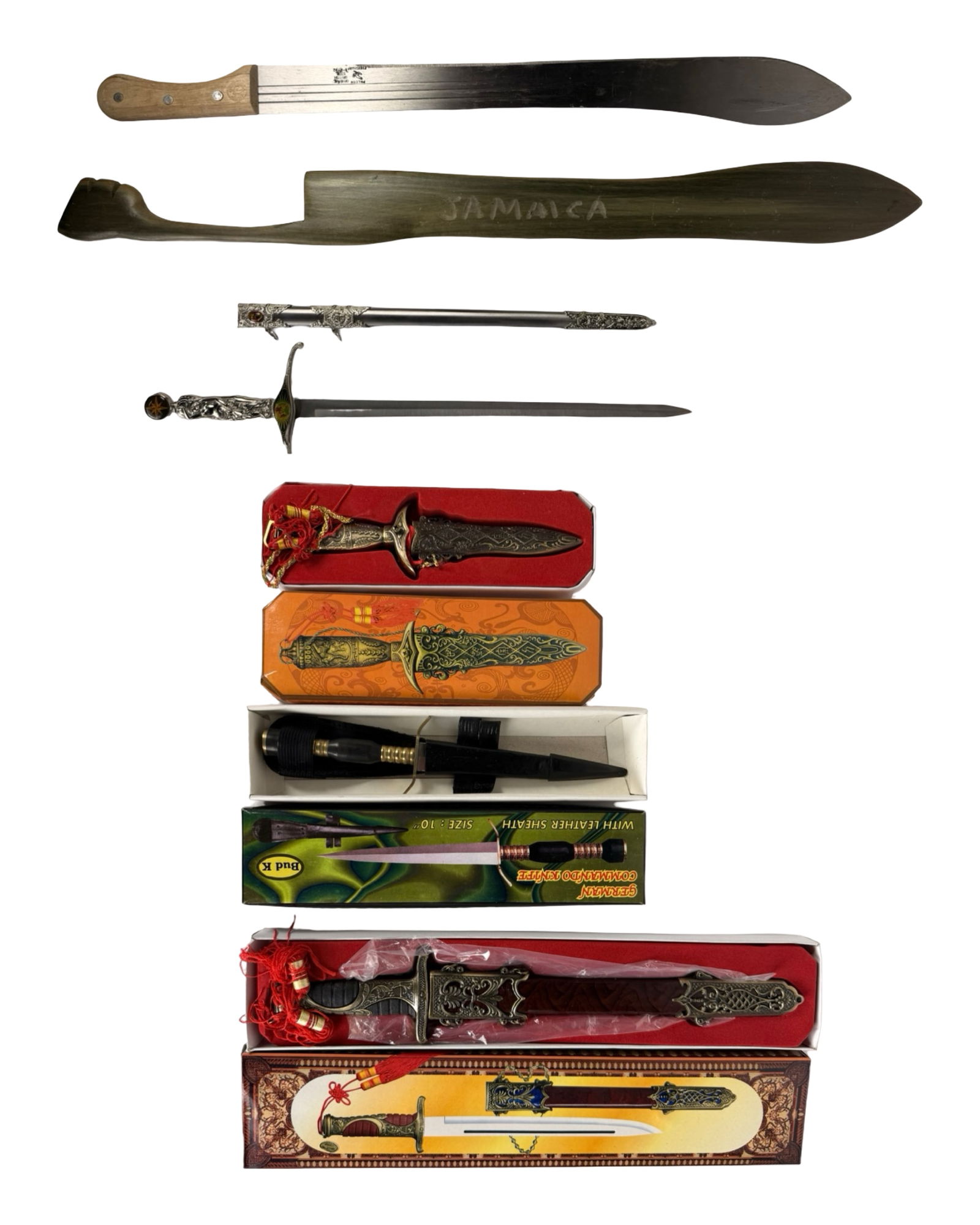 Daggers & Machete - British EverSharp Falchion: Collection of assorted knives and machetes ranging from decorative display pieces to functional blades. The group includes a British-made EverSharp falchion-style machete marked "Falcon Original