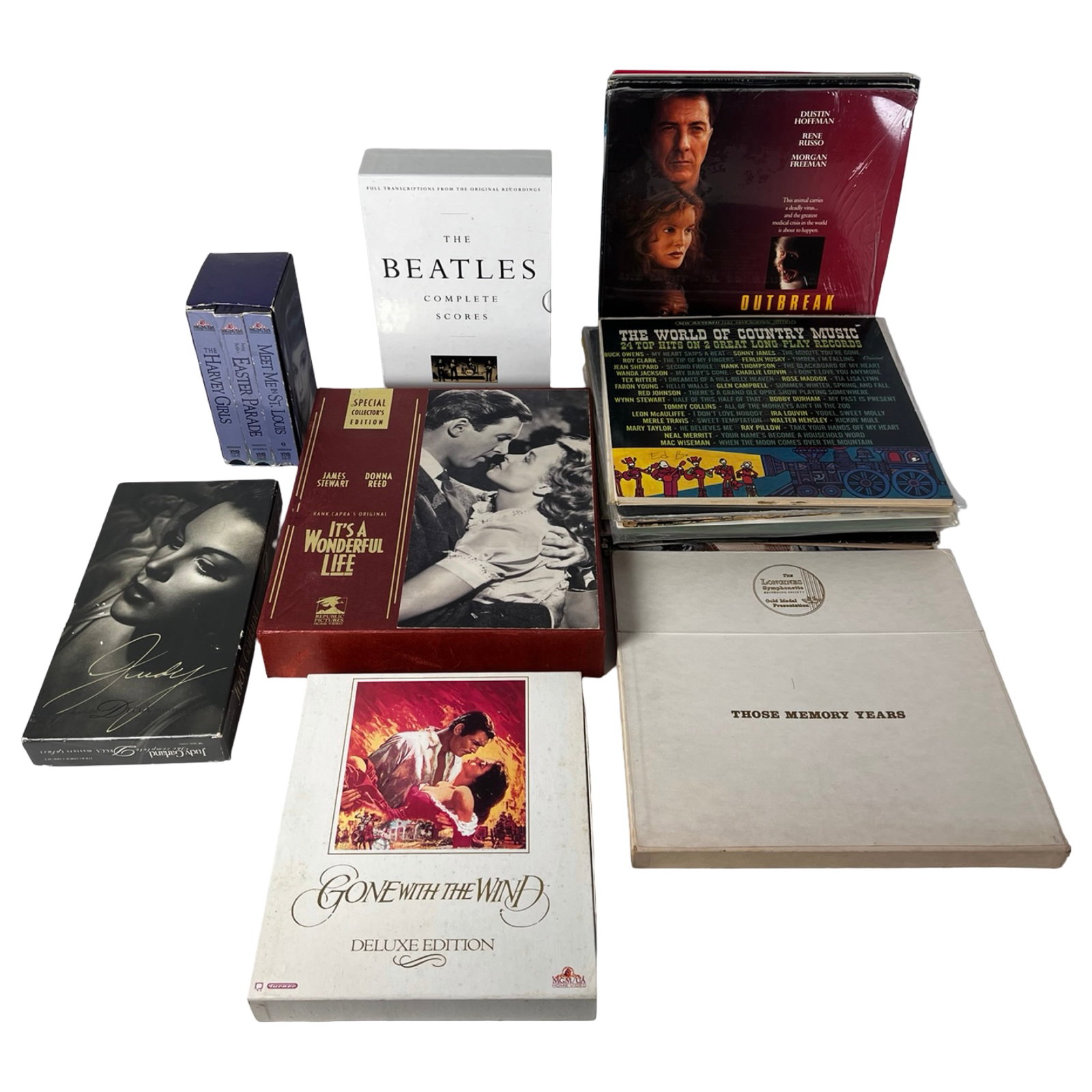 Mixed Media Lot: LaserDiscs, Vinyl Records, Box Se: Large mixed lot of vintage media including LaserDiscs, vinyl LP records, VHS tapes, and collectible box sets featuring a variety of music and film titles. This group includes classic movies, popular m