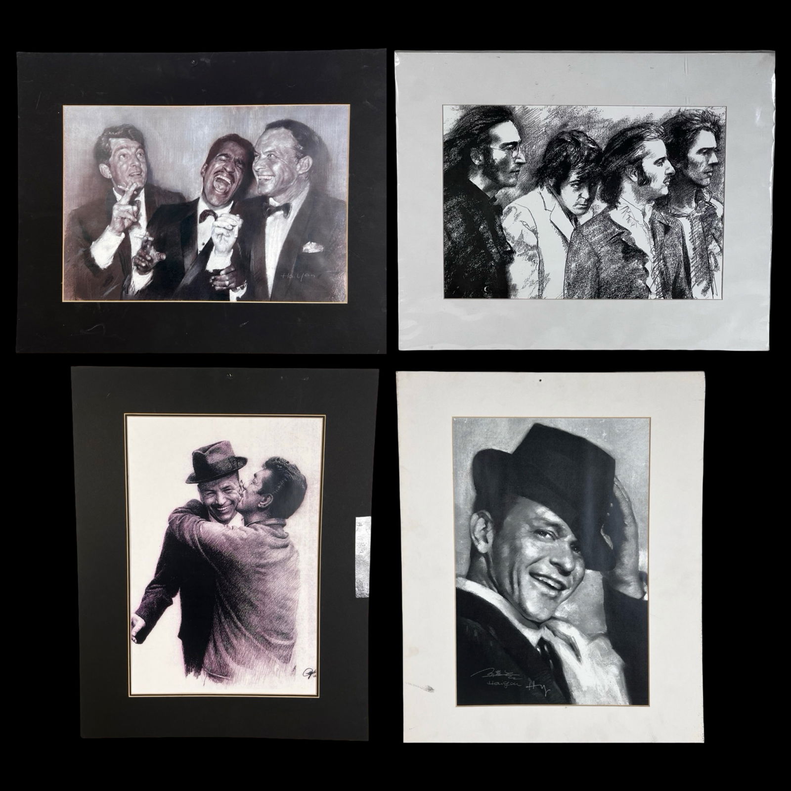 Sketch Art Prints Beatles, Frank Sinatra, Rat Pack: Group of four celebrity-themed sketch style art prints depicting iconic figures from music and entertainment history. Subjects include The Beatles; Frank Sinatra; Rat Pack members Dean Martin, Sammy D
