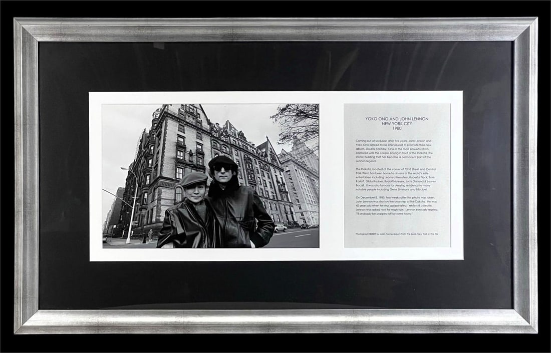 John Lennon & Yoko Ono 1980 Photo Hard Rock Hotel: Iconic black-and-white photographic print depicting John Lennon and Yoko Ono in New York City, 1980, captured by noted photographer Allan Tannenbaum. The striking image shows the couple standing in fr