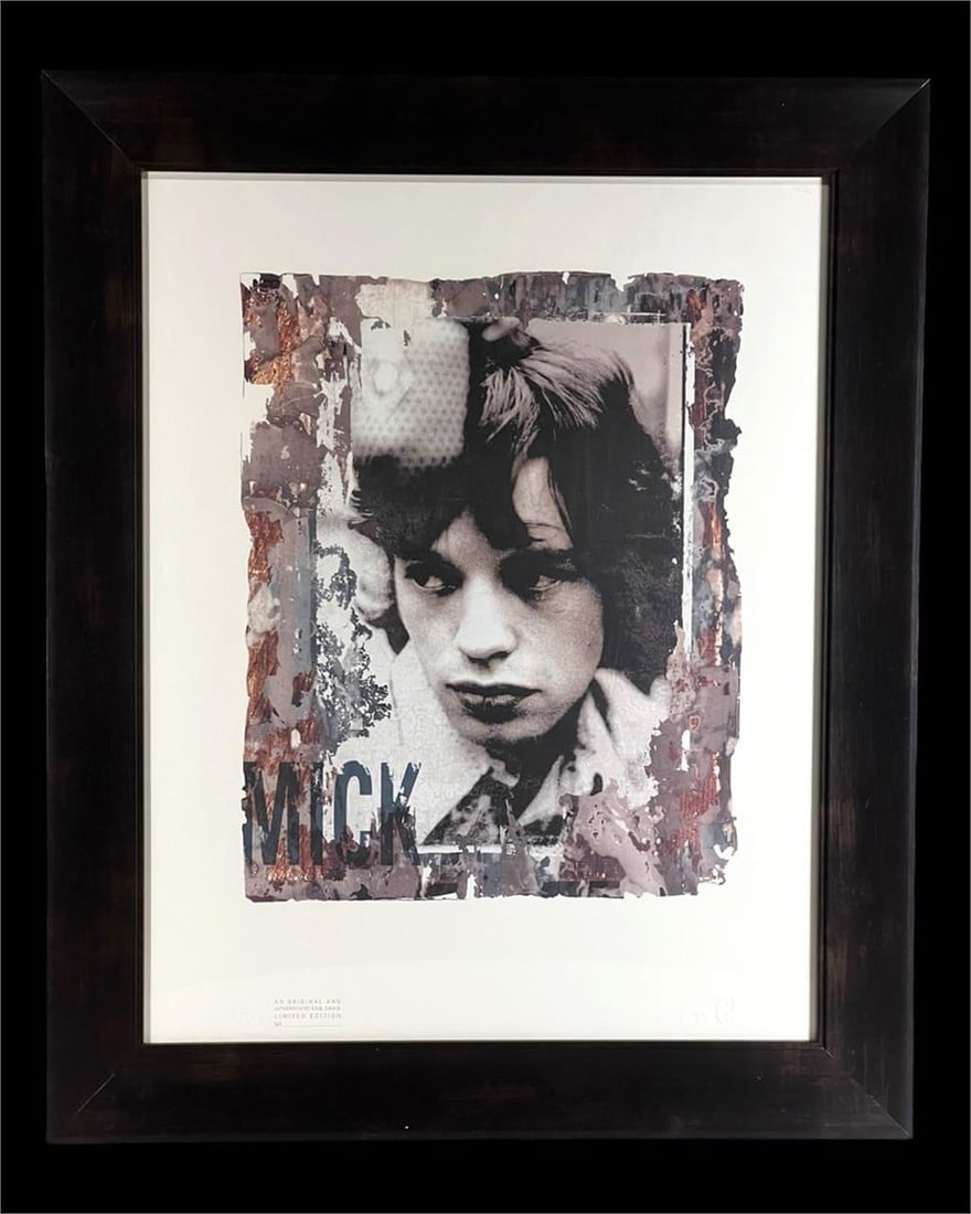Mick Jagger Ink Ikon LE Print- Hard Rock Hotel: Limited edition silkscreen print titled "Mick with Mike," featuring Mick Jagger of The Rolling Stones, photographed by celebrated rock photographer Gered Mankowitz. The striking composition presents