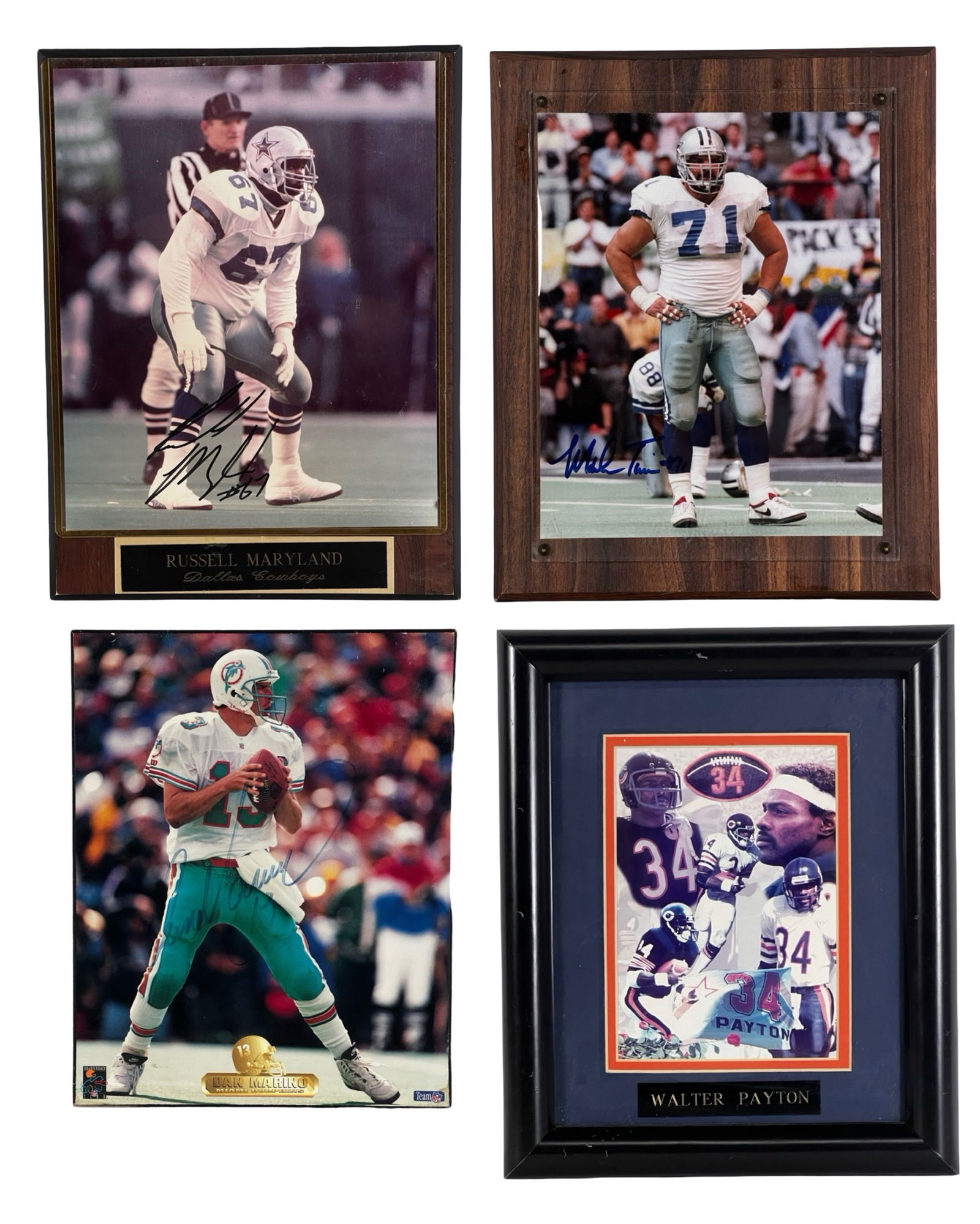 Autographed NFL Football Photographs- Dan Marino: Group of four NFL memorabilia photographs featuring legendary football figures. The lot includes a Dan Marino autographed photograph of the Miami Dolphins quarterback, a Russell Maryland autographed