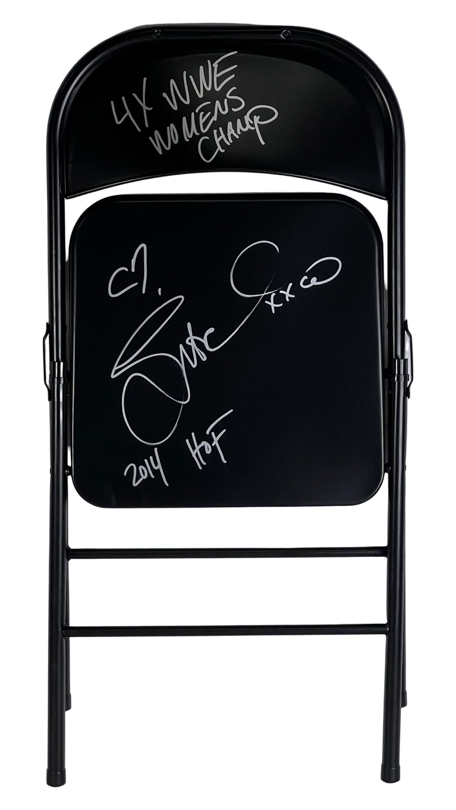 Amy "Lita" Dumas WWE Autographed Folding Chair: WWE wrestling memorabilia folding chair signed by Amy "Lita" Dumas, one of the most iconic performers of the WWE Attitude and Ruthless Aggression eras. The black steel folding chair features a large