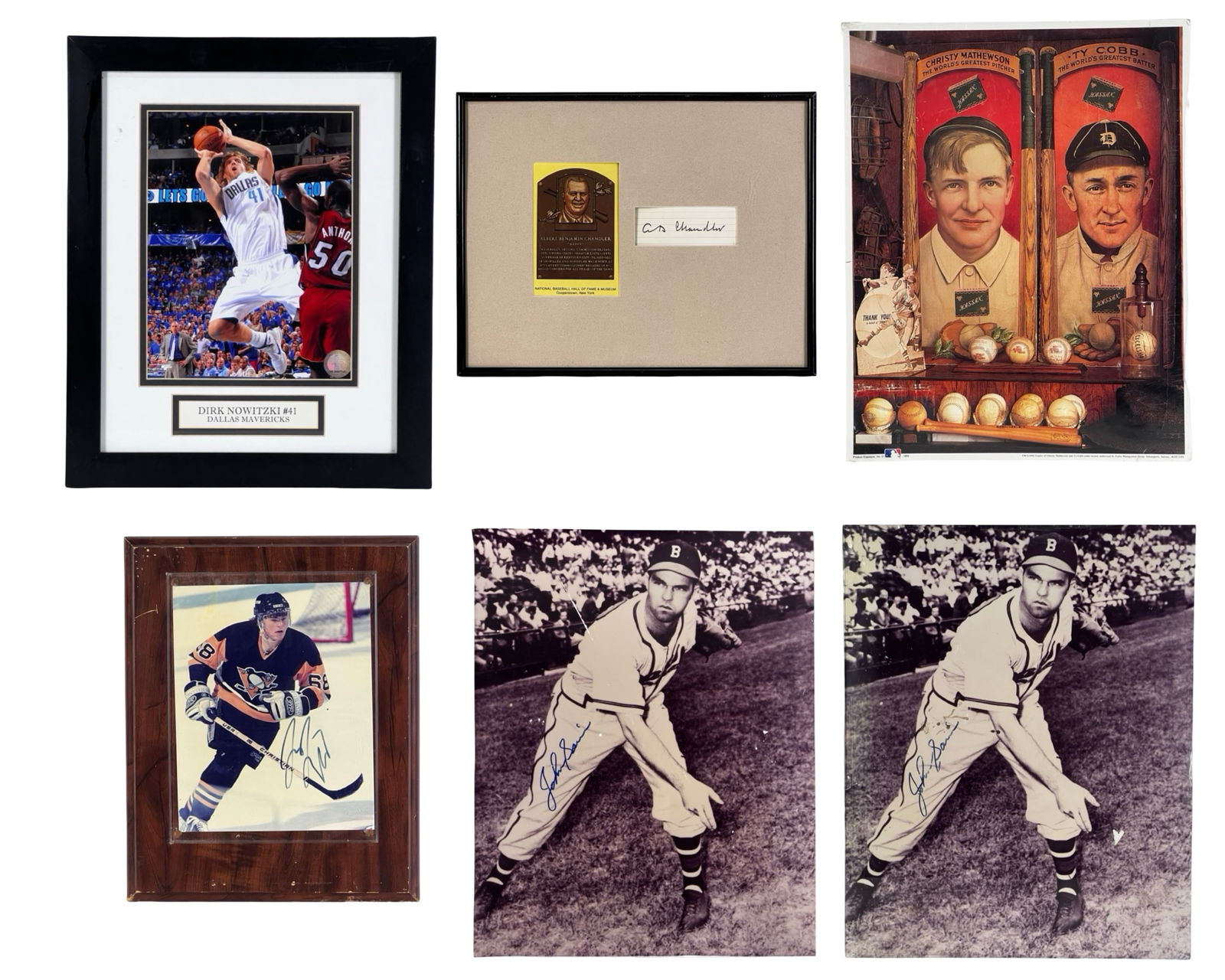 Sports Memorabilia Group- Autographed Photos: Group of sports memorabilia featuring baseball, hockey, and basketball legends. The lot includes two large autographed photographs of Johnny Sain, the notable Boston Braves pitcher and later MLB