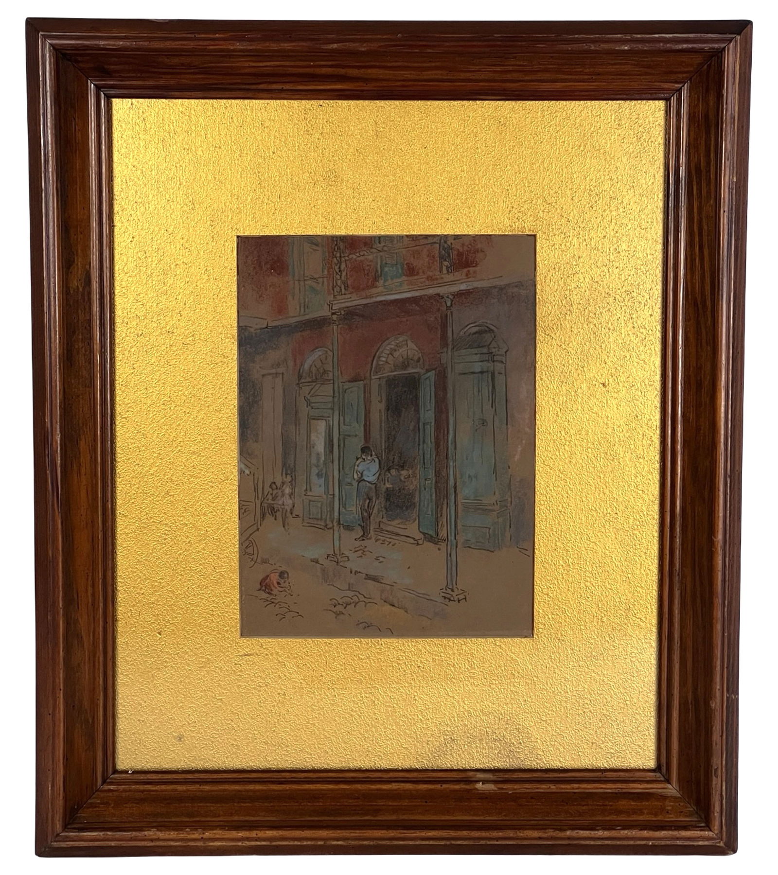 William Penhallow Henderson- Pastel Drawing: Original pastel drawing titled "The Cobbler's Shop, Cathedral Alley" by noted American artist William Penhallow Henderson, signed along the lower edge. The work depicts a quiet street scene with a