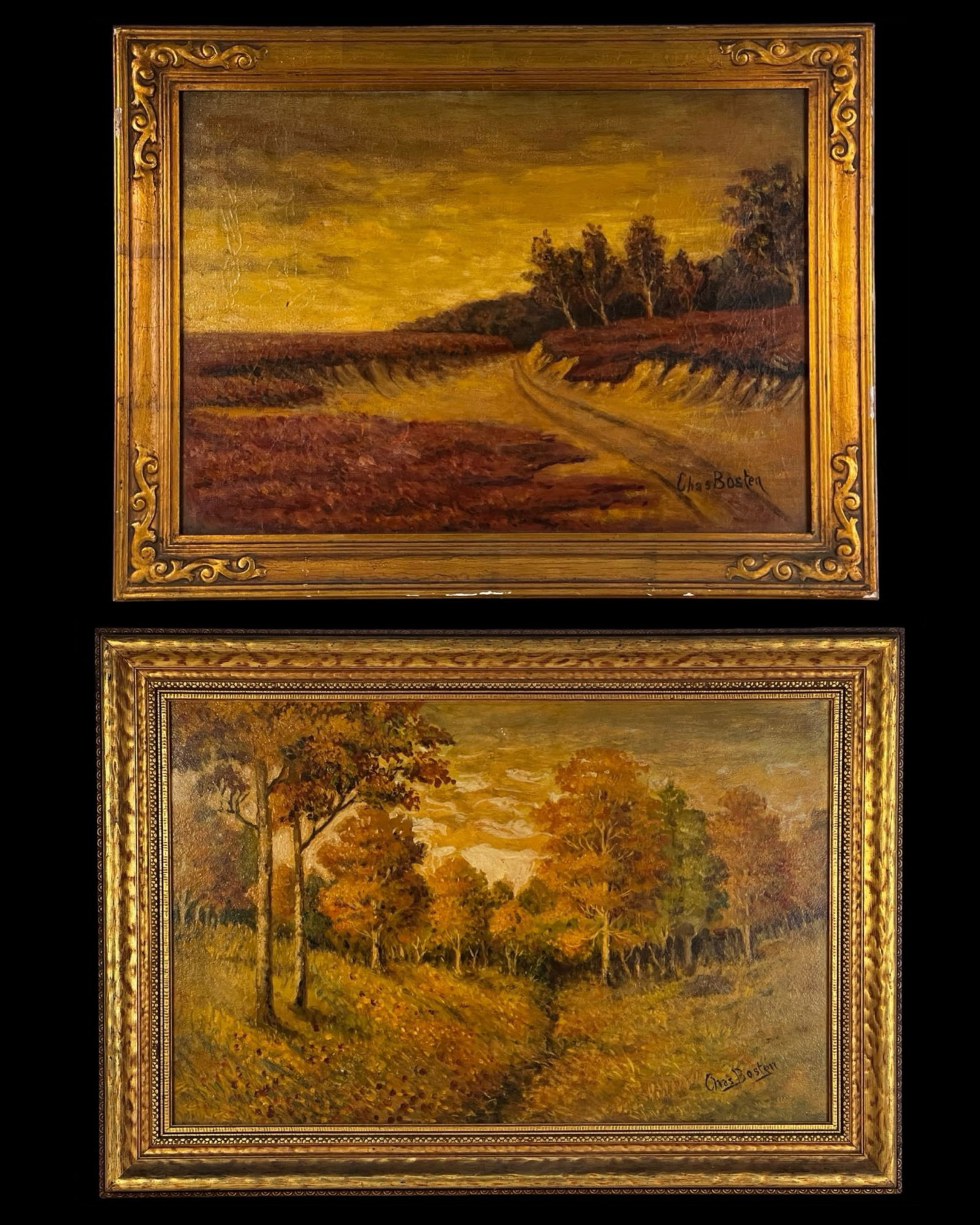 Charles Bosten- Antique Landscape Oil Paintings: Pair of landscape oil paintings on canvas by Charles Bosten, both signed in the lower right corner. These atmospheric works likely date to the turn of the 20th century and depict warm-toned countrysid