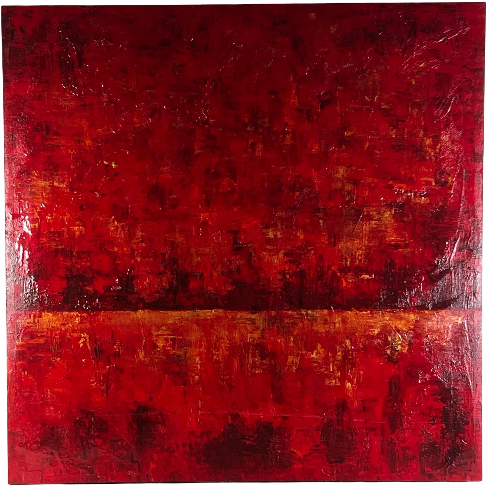 "Deep Red" Contemporary Abstract Acrylic Painting: Bold contemporary abstract painting titled "Deep Red," executed in acrylic on canvas and signed "Max" lower right. The composition is dominated by rich layers of crimson, scarlet, and deep burgundy