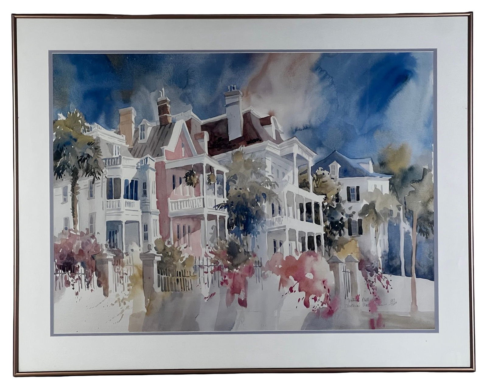 Victoria Platt Ellis - Charleston LE Lithograph: Colorful architectural streetscape lithograph titled "Red Roof" by listed American artist Victoria Platt Ellis. The composition depicts a row of elegant historic Charleston homes with distinctive