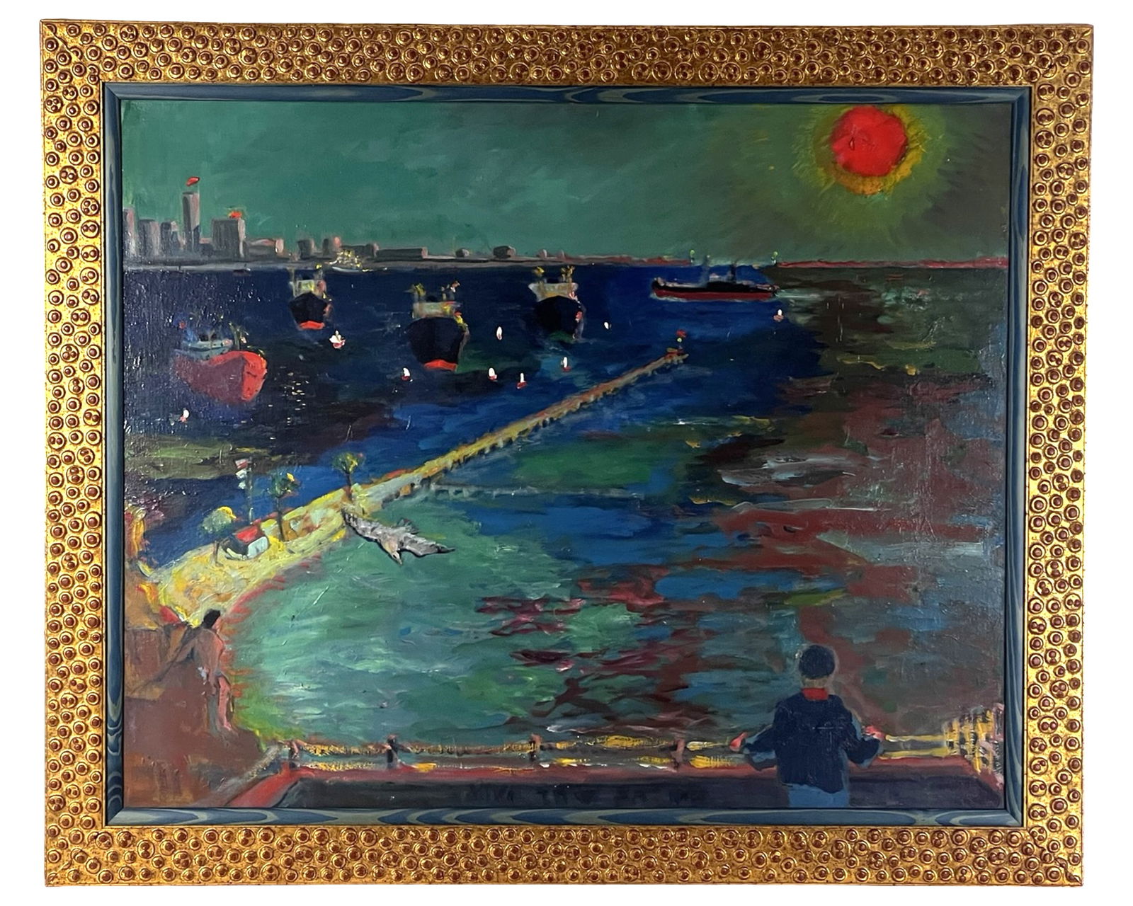 Impressionist Harbor Scene Oil Painting mid 20th C: Impressionistic oil painting on board depicting a lively harbor or waterfront scene with cargo ships anchored offshore, a long pier extending into the water, and figures observing the view from a