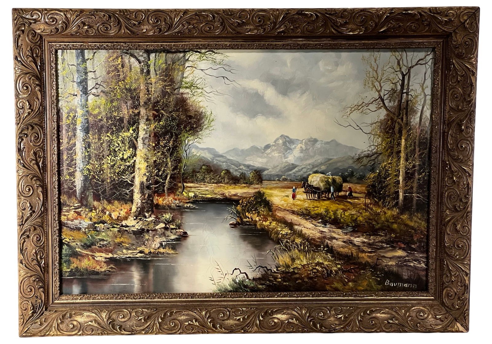 Stefan Baumann Countryside Landscape Oil Painting: Atmospheric countryside landscape oil painting by Stefan Baumann, signed lower right. The composition depicts a tranquil rural scene with a winding stream, tall trees, distant mountains, and a