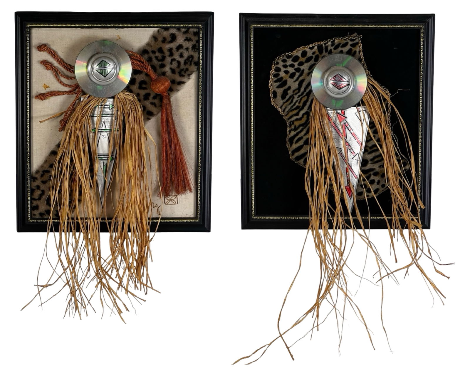 Mitchell Melson Jr Pair Mixed Media Assemblage Art: Pair of mixed media assemblage wall sculptures by Mitchell Melson Jr. (1944-2018) featuring elongated totemic compositions constructed from found materials including compact discs, raffia fibers, pain
