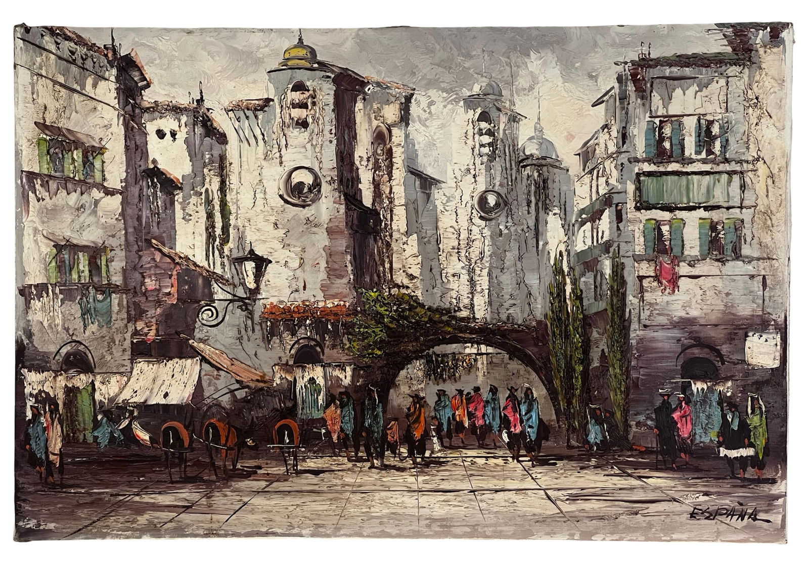 Pablo Espana Expressionist Street Scene Painting: Expressive Mediterranean street scene oil painting by Pablo Espana, signed lower right. The composition depicts a lively old-world plaza with tall weathered buildings, arched passageways, balconies,