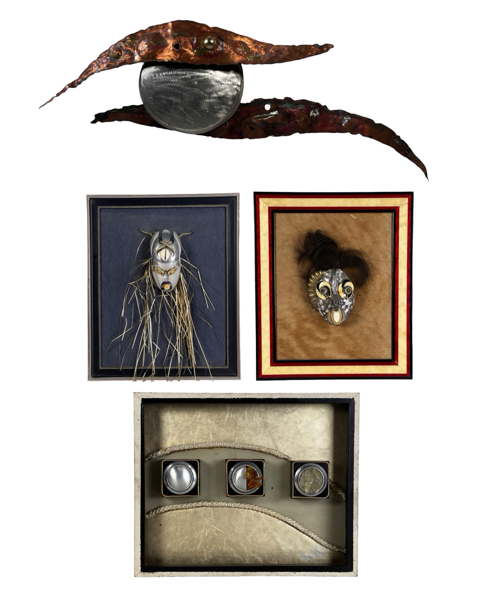 Mitchell Melson Jr. Mixed Media Assemblage Art: Group of four mixed media assemblage artworks by American artist Mitchell Melson Jr. (1944-2018). The lot includes two sculptural mask compositions and two additional abstract assemblage pieces create