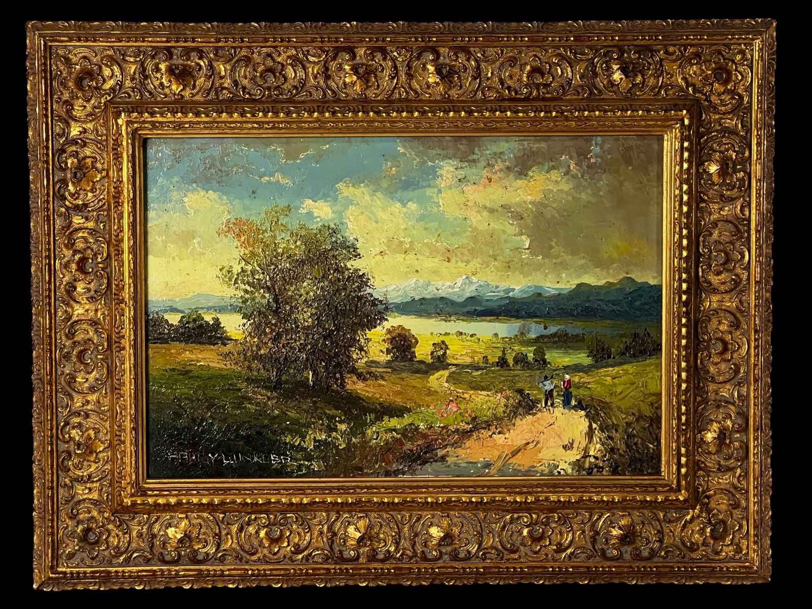 Harry Winkler Landscape Oil Painting: Expressive landscape oil painting by Harry Winkler, depicting a pastoral countryside scene with a winding path, figures in the foreground, and a distant lake set against mountain peaks under a dramati