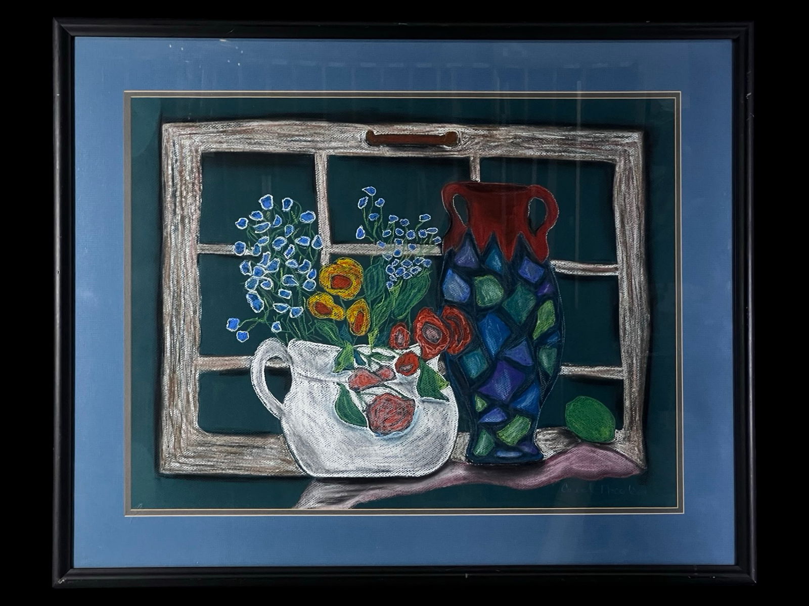 Carol Nicolai Still Life Floral Arrangement Pastel: Decorative still life pastel painting by Carol Nicolai, depicting a colorful arrangement of flowers in a white pitcher beside a geometric patterned vase set before a rustic window frame. The