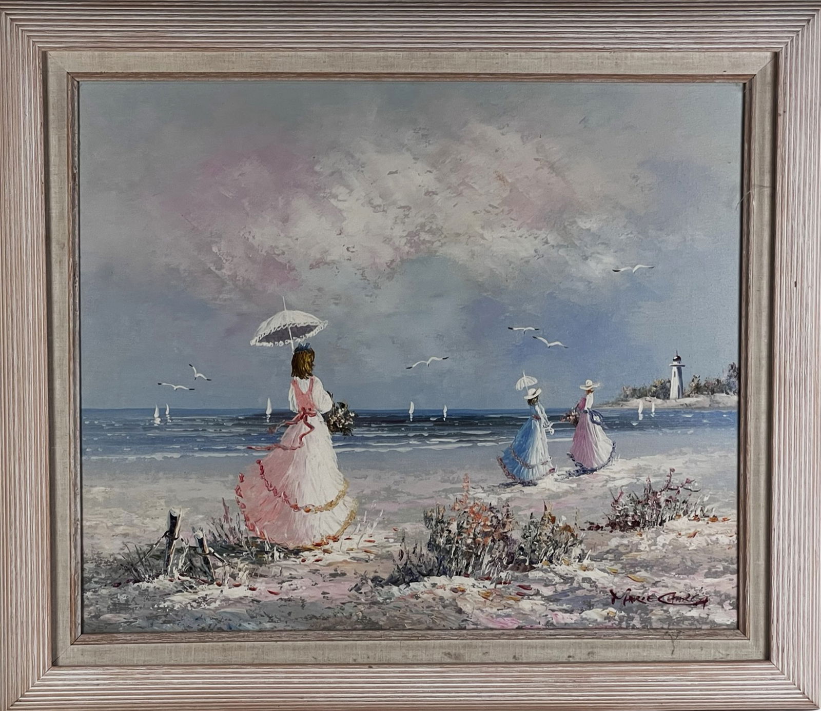 Marie Charlot Impressionist Coastal Scene Painting: Charming coastal landscape oil painting depicting elegantly dressed women strolling along a sandy shoreline beneath a softly clouded sky. The composition captures a peaceful seaside moment with paraso