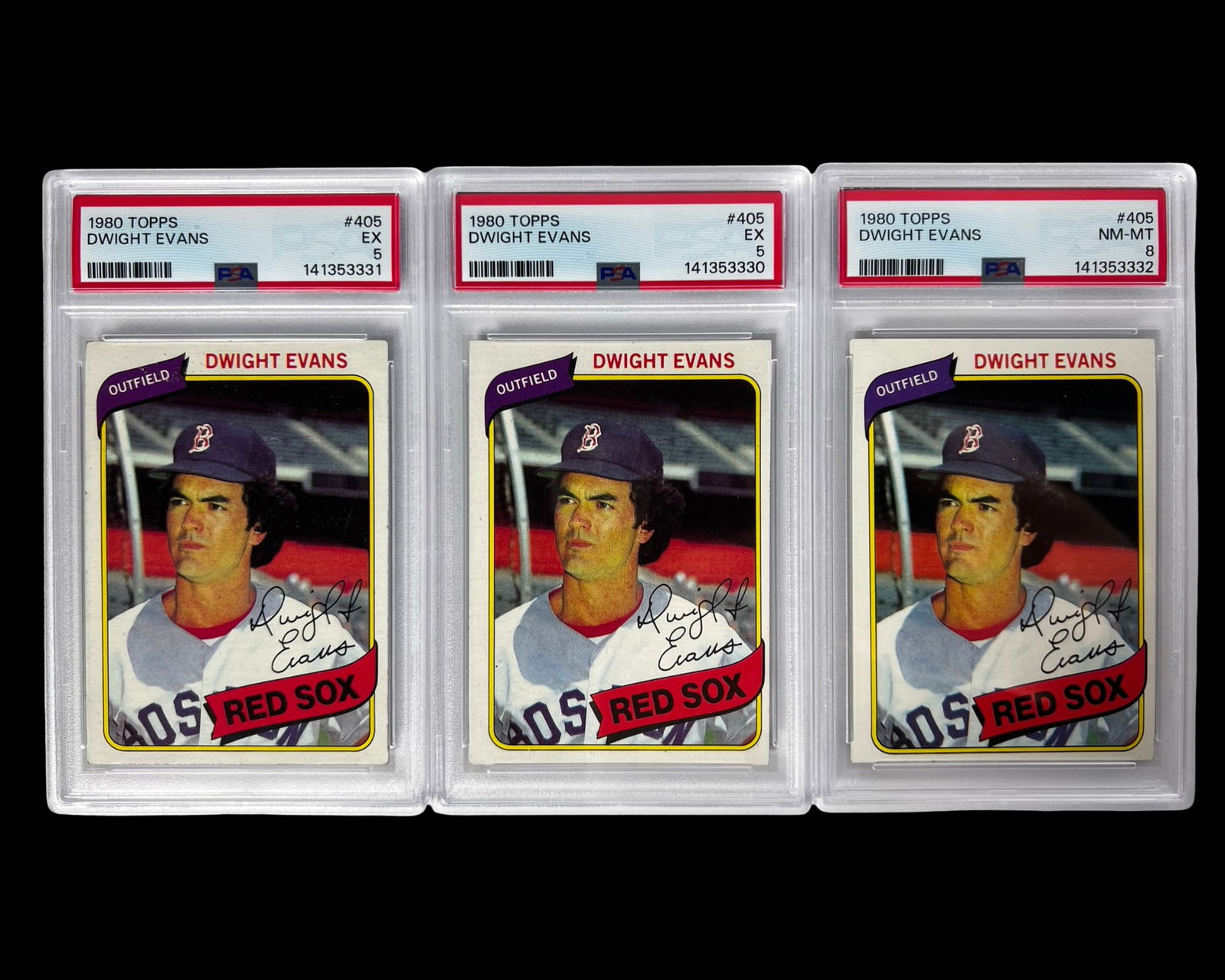 1980 Topps Dwight Evans #405 PSA Baseball Card Lot: Group of three 1980 Topps Dwight Evans #405 Boston Red Sox baseball cards, each professionally graded and encapsulated by PSA (Professional Sports Authenticator). This lot includes two cards graded