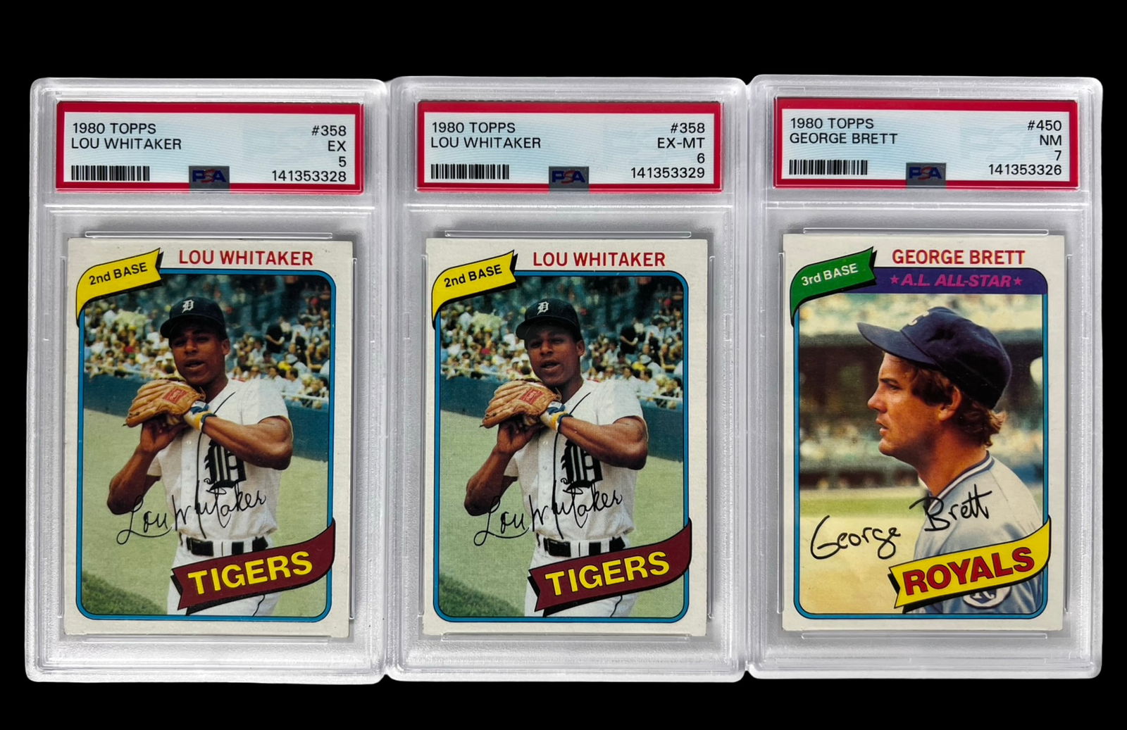 1980 Topps Lou Whitaker & George Brett PSA Cards: Group of three 1980 Topps baseball cards professionally graded and encapsulated by PSA (Professional Sports Authenticator), featuring Detroit Tigers second baseman Lou Whitaker and Kansas City Royals
