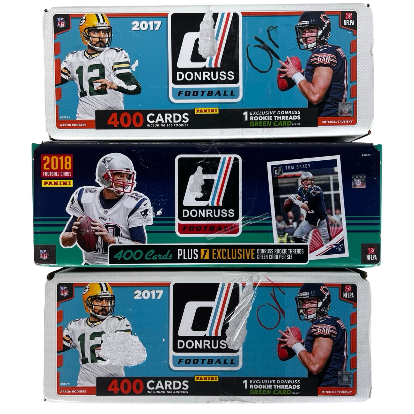 2017 & 2018 Donruss Football Card Sets: Group of three Panini Donruss Football card sets, including two 2017 sets and one 2018 set. These releases feature many notable NFL players and rookies from their respective seasons and remain