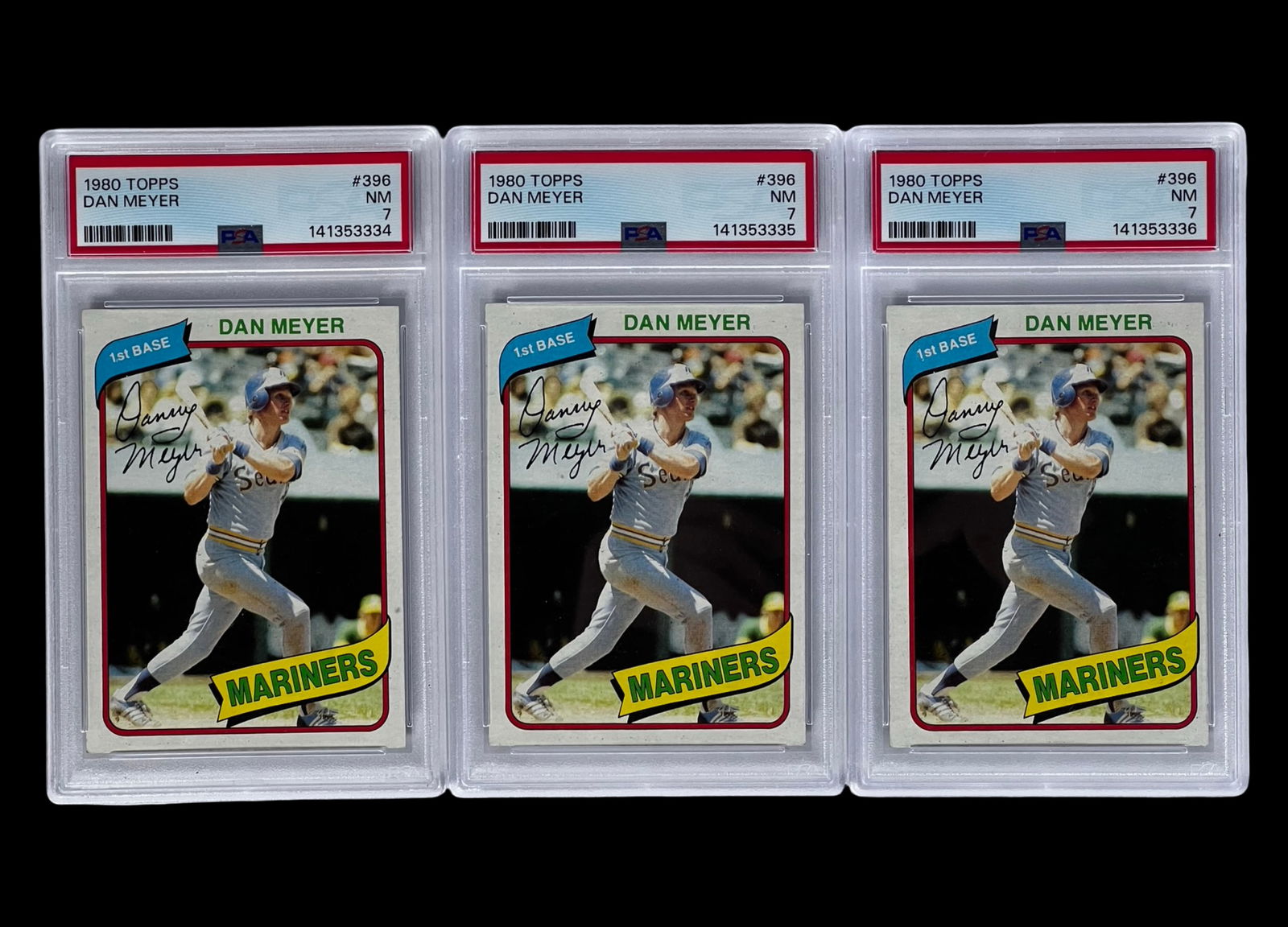 1980 Topps Dan Meyer 396 PSA Graded Baseball Cards: Group of three 1980 Topps Dan Meyer #396 Seattle Mariners baseball cards, each professionally graded and encapsulated by PSA. All three cards in this lot are graded NM 7, representing strong