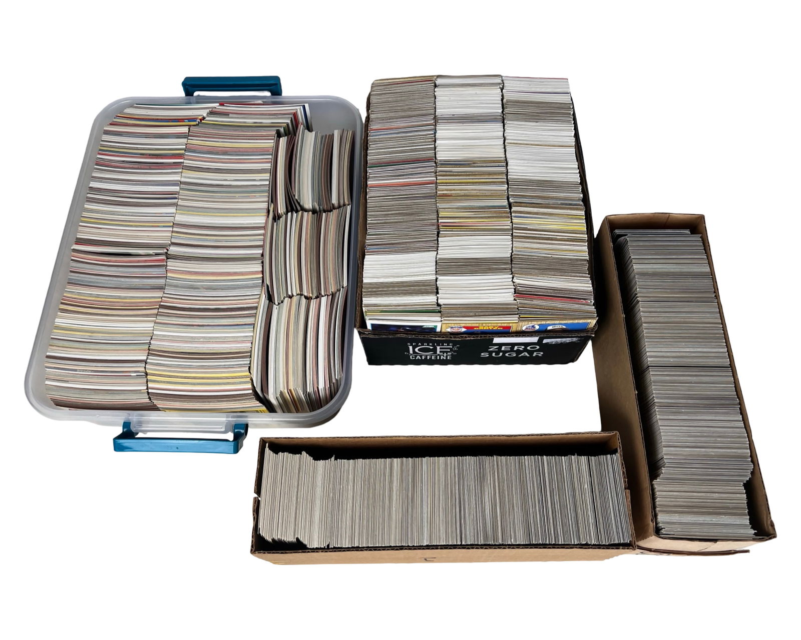 Group of Vintage Unsearched Baseball Trading Cards: Large assortment of vintage baseball trading cards stored across several boxes and containers. The group includes hundreds of cards featuring players from a variety of Major League teams and