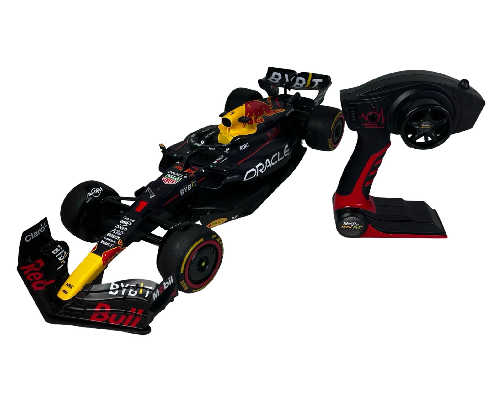 Maisto Tech R/C 1:10 Red Bull Formula 1 Racing Car: Remote control Maisto Tech R/C 1:10 scale Red Bull Racing RB19 Formula 1 car, modeled after the championship-winning Red Bull F1 design. The car features detailed racing livery including Oracle, Red