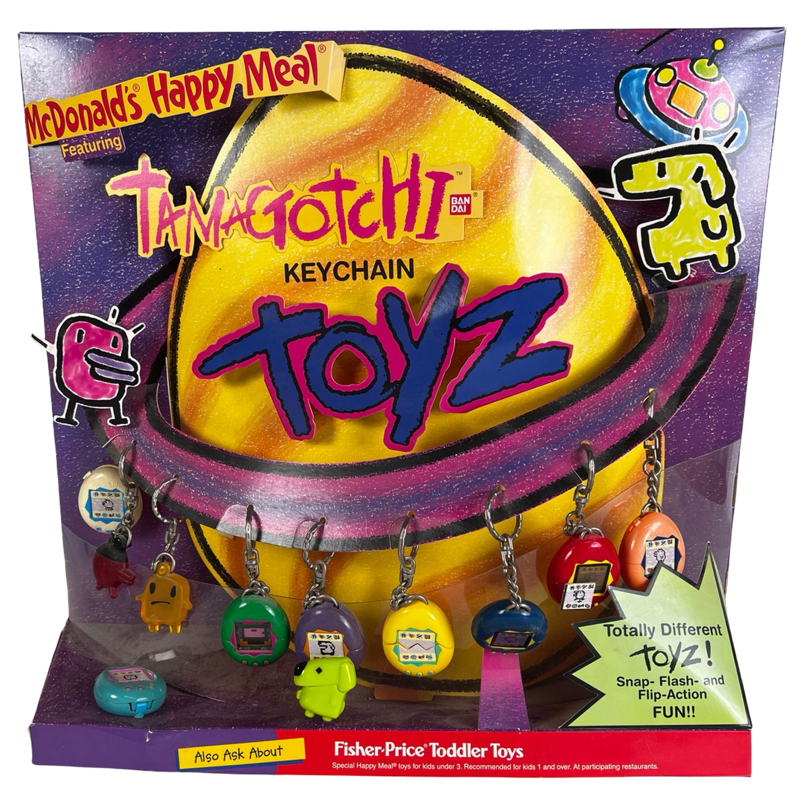 1998 McDonald's Happy Meal Tamagotchi Display: Original 1998 McDonald's Happy Meal promotional counter display featuring Tamagotchi Keychain Toyz produced by Bandai. This colorful point-of-sale display advertises the popular virtual pet toys that