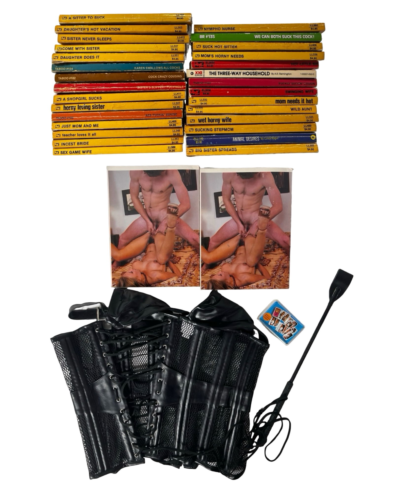 Group of Vintage Adult XXX Books, Sexy Corset & C: Group of Vintage Adult XXX Books, Sexy Corset (size XL), Deck of Adult Playing Cards and & Slender Impulse Crop