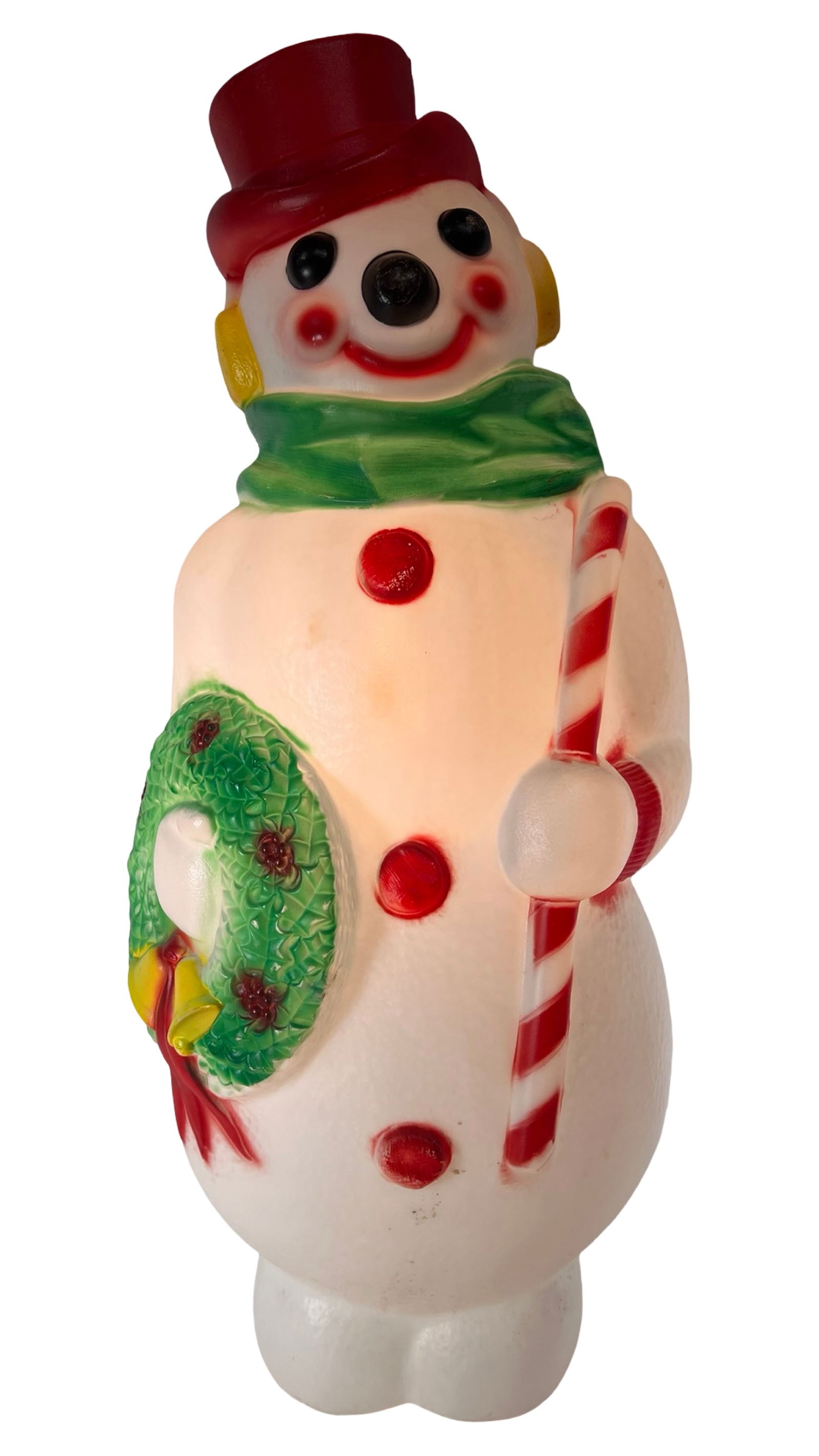 Empire Plastics Snowman Christmas Blow Mold: Classic vintage Christmas blow mold snowman decoration produced by Empire Plastics. This cheerful holiday figure features a smiling snowman wearing a red top hat and green scarf, holding a candy cane