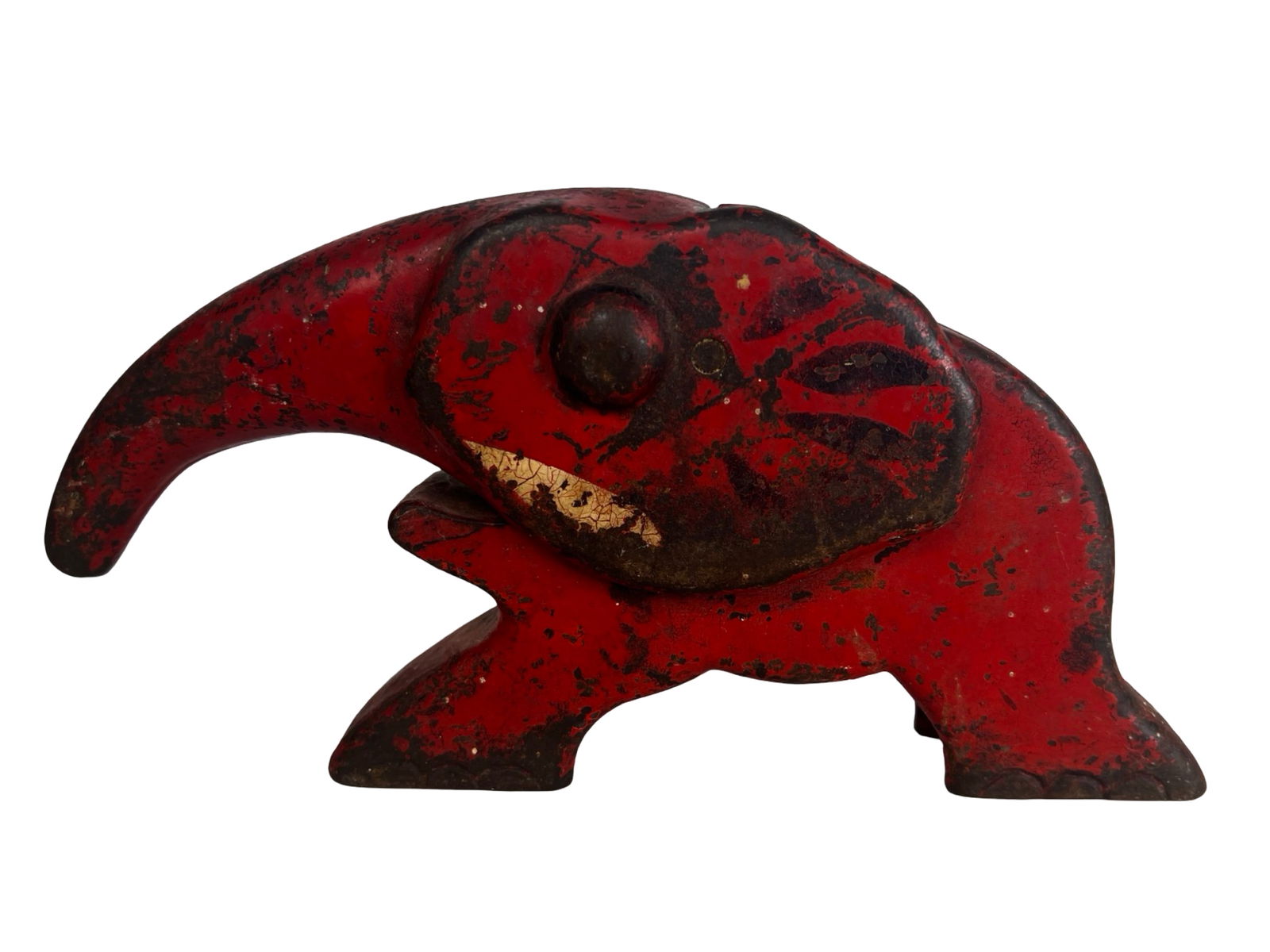 '30s Vindex Cast Iron Art Deco Elephant Nutcracker: Vintage 1930s Vindex cast iron elephant nutcracker featuring a bold Art Deco style design. The piece is cast in the form of a stylized elephant with curved trunk, raised eye, and decorative painted