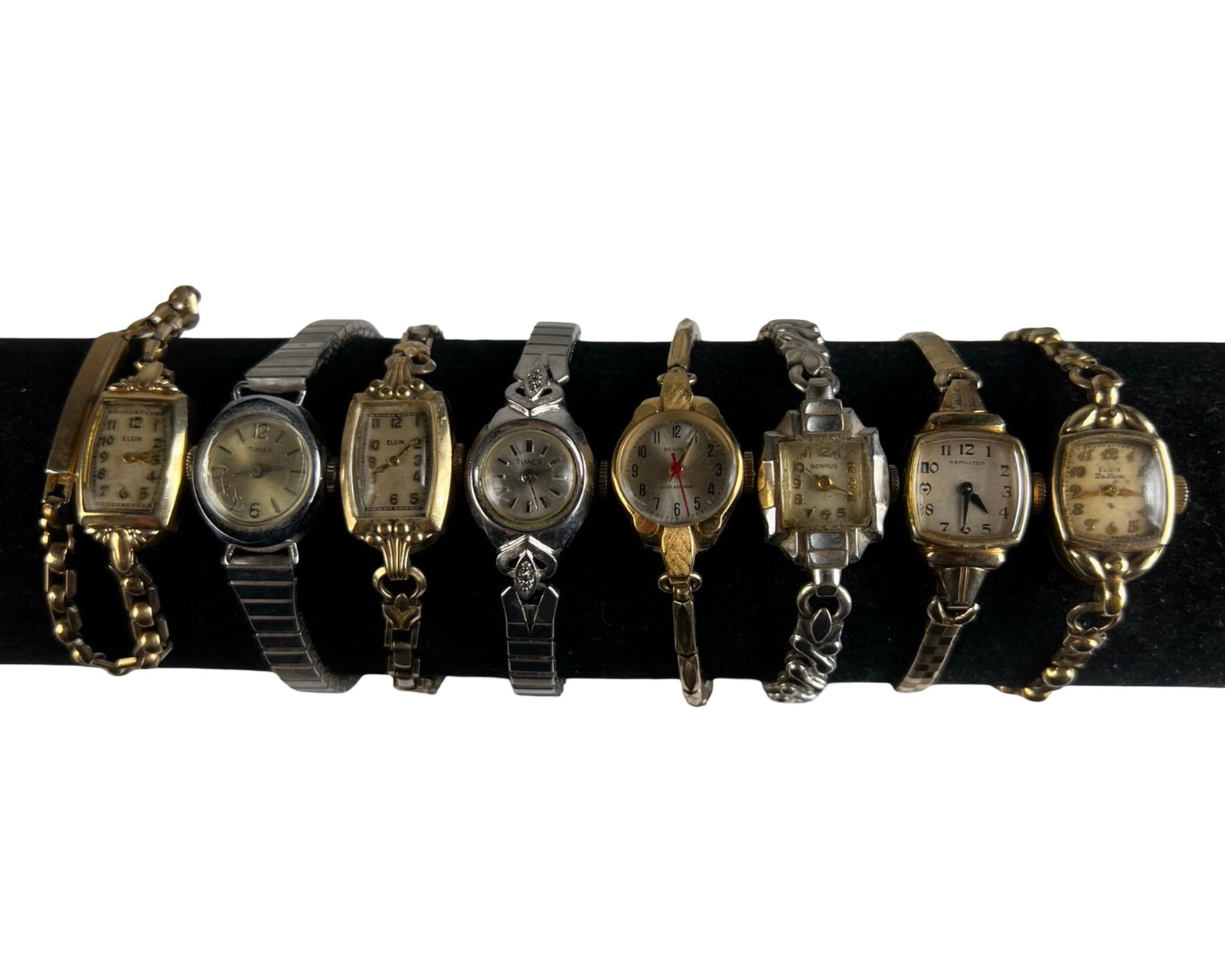 Assortment of Vintage Lady's Wrist Watches: Assortment of Vintage Lady's Wrist Watches including Elgin, Benrus, Hamilton & Tines. Some are gold Filled. Normal age related wear, two watches- Benrus and Hamilton are in non-running condition.