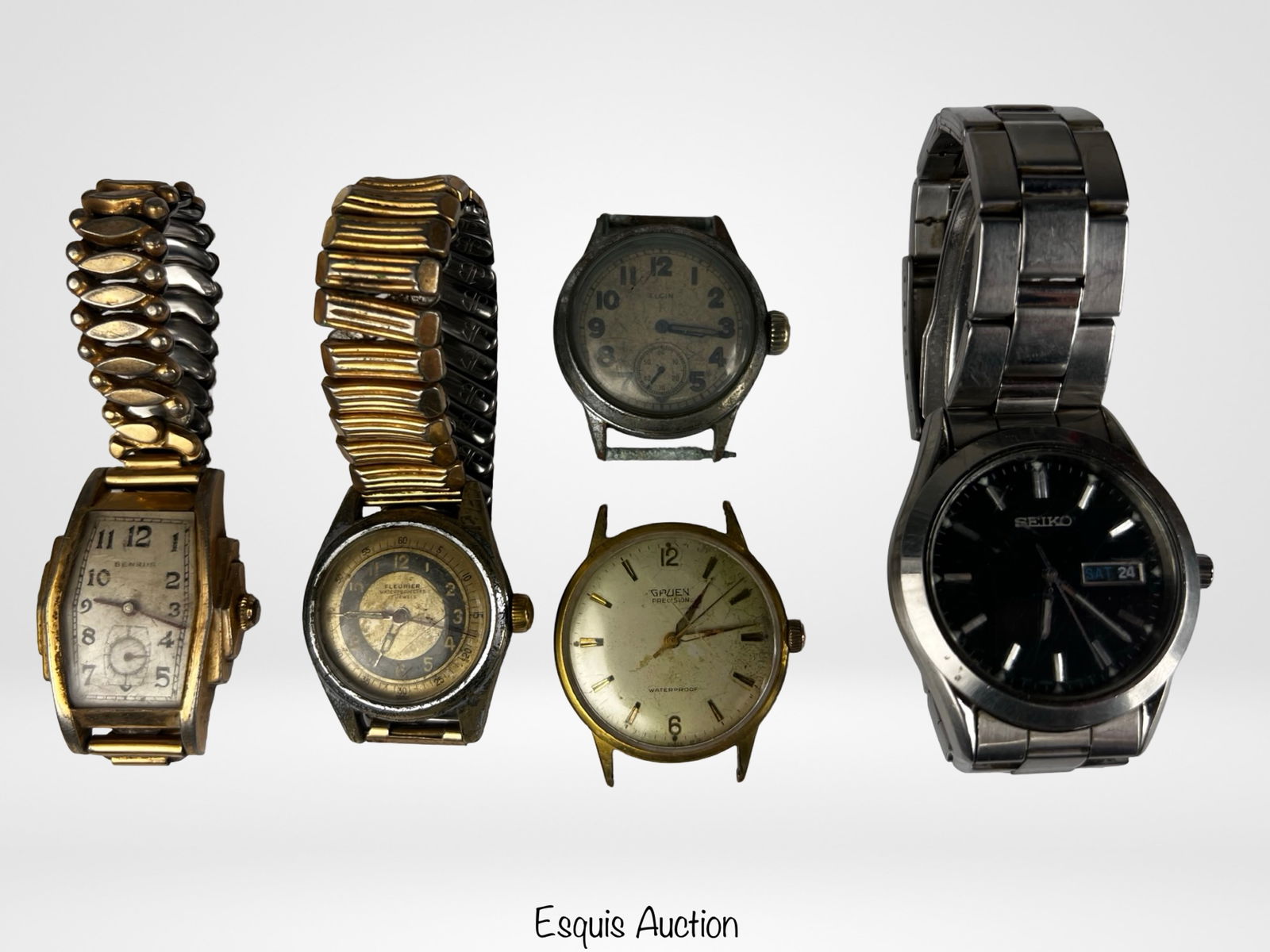 Vintage Men's Wrist Watches- Gruen, Elgin, Benrus,: Vintage Men's Wrist Watches- Gruen, Elgin, Benrus, Seiko, Fleurier. Show some wear, untested.