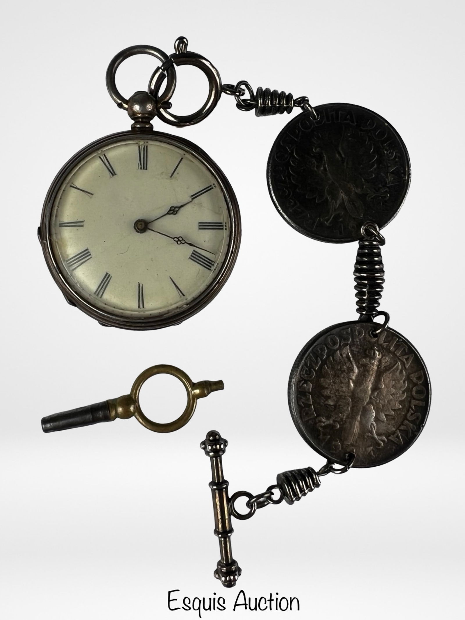 Antique Polish Pocket Watch w/ Silver Coins Fob: Antique Key Winding European Pocket Watch with Jozef Pisudski Medallion on back cover with Silver Zloty Coins Watch Fob Chain and Winding Key. Some age related wear, working.