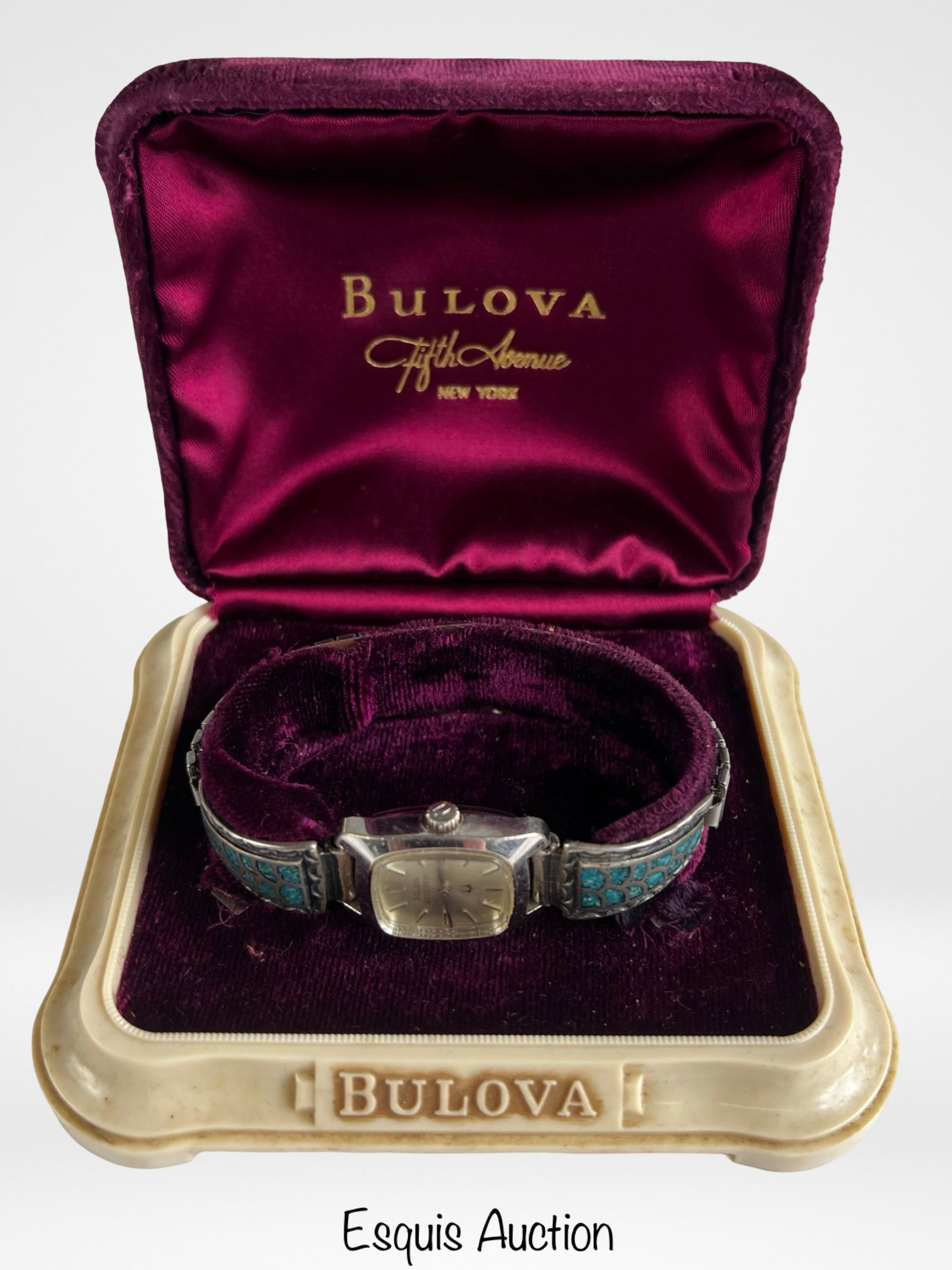 Bulova Accutron Lady's Watch w/ Sterling Bracelet: Vintage Lady's Bulova Accutron Wrist Watch with Native American Sterling Silver Bracelet Links and Bulova Box. Shows some age related wear, untested w/o battery.