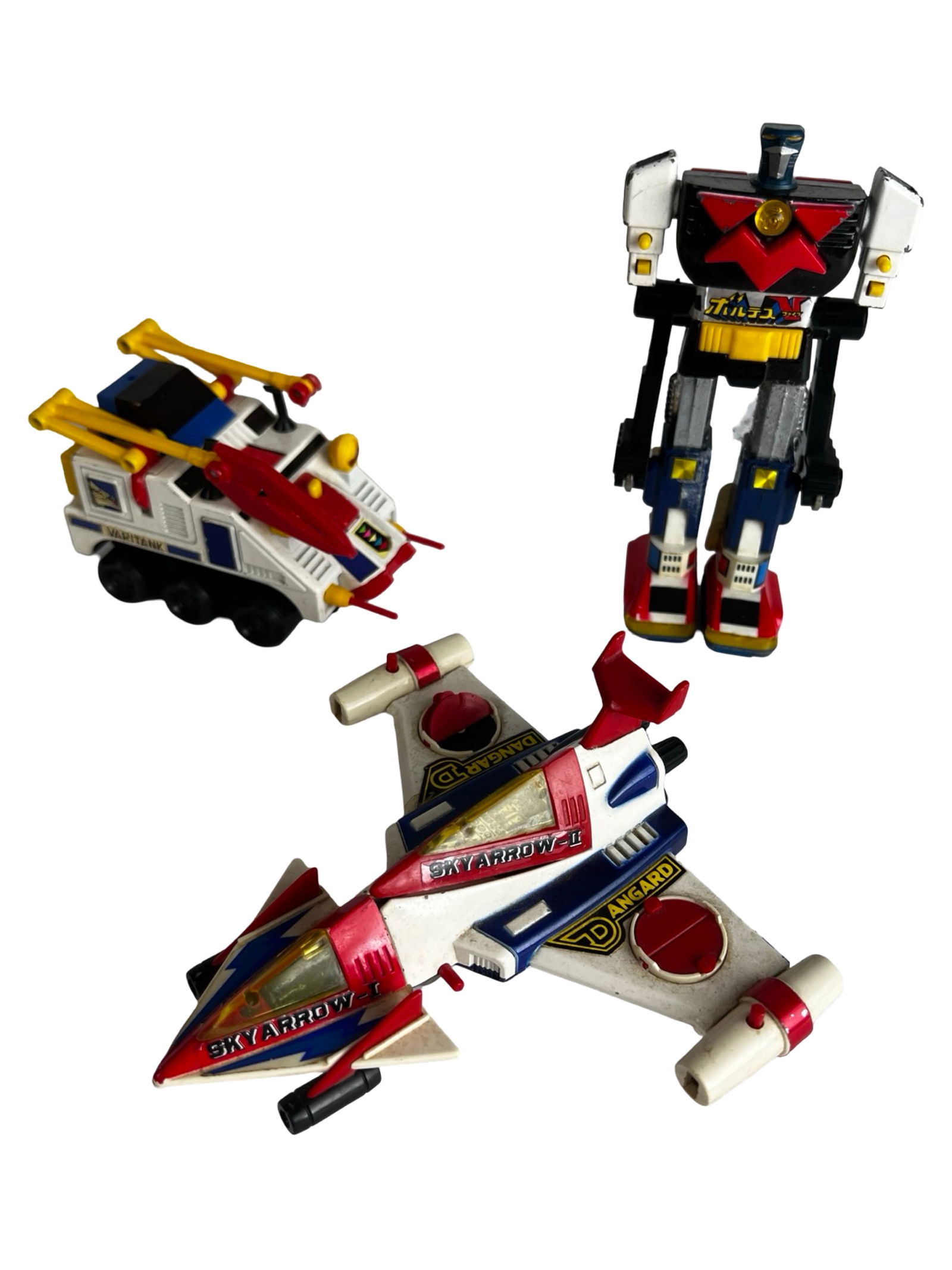 1970s Popy Chogokin Die-Cast Robot & Vehicles: Group of vintage Japanese die-cast toys from the golden era of super robot anime. The lot includes a Popy Chogokin GA-80 Voltes V robot from the Super Electromagnetic Machine Voltes V series, a Sky Ar