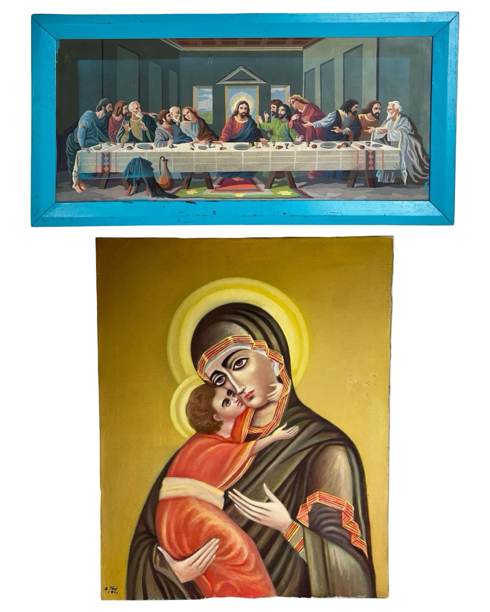 A. Toro - Madonna & Child Oil Painting & Last Sup: Striking devotional oil painting on canvas depicting the Virgin Mary tenderly holding the Christ Child, rendered in a stylized iconographic manner with warm tones and a luminous haloed background.