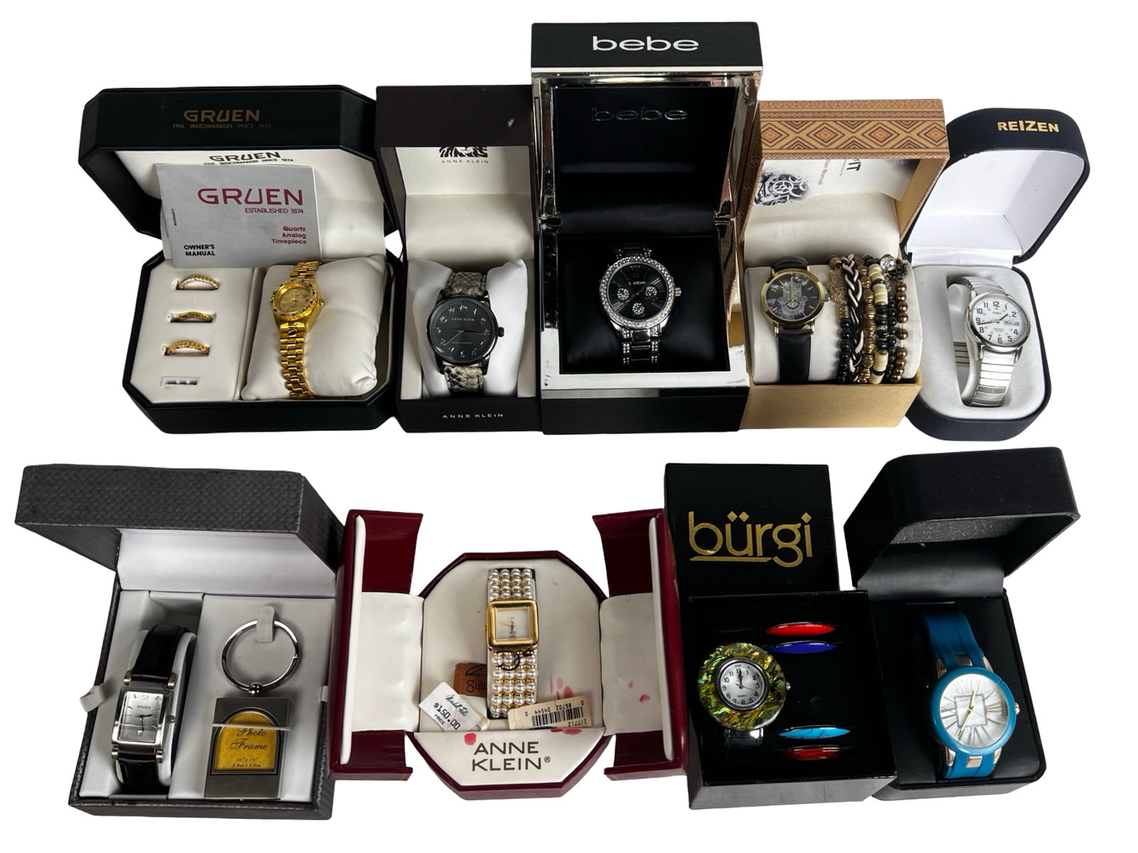 New in Box Designer Wrist Watches - Gruen, Bebe, A: Attractive assortment of eight designer wristwatches, all presented in their original boxes, including examples by Gruen, Anne Klein, Bebe, Burgi, Reizen, and additional fashion brands. Styles range