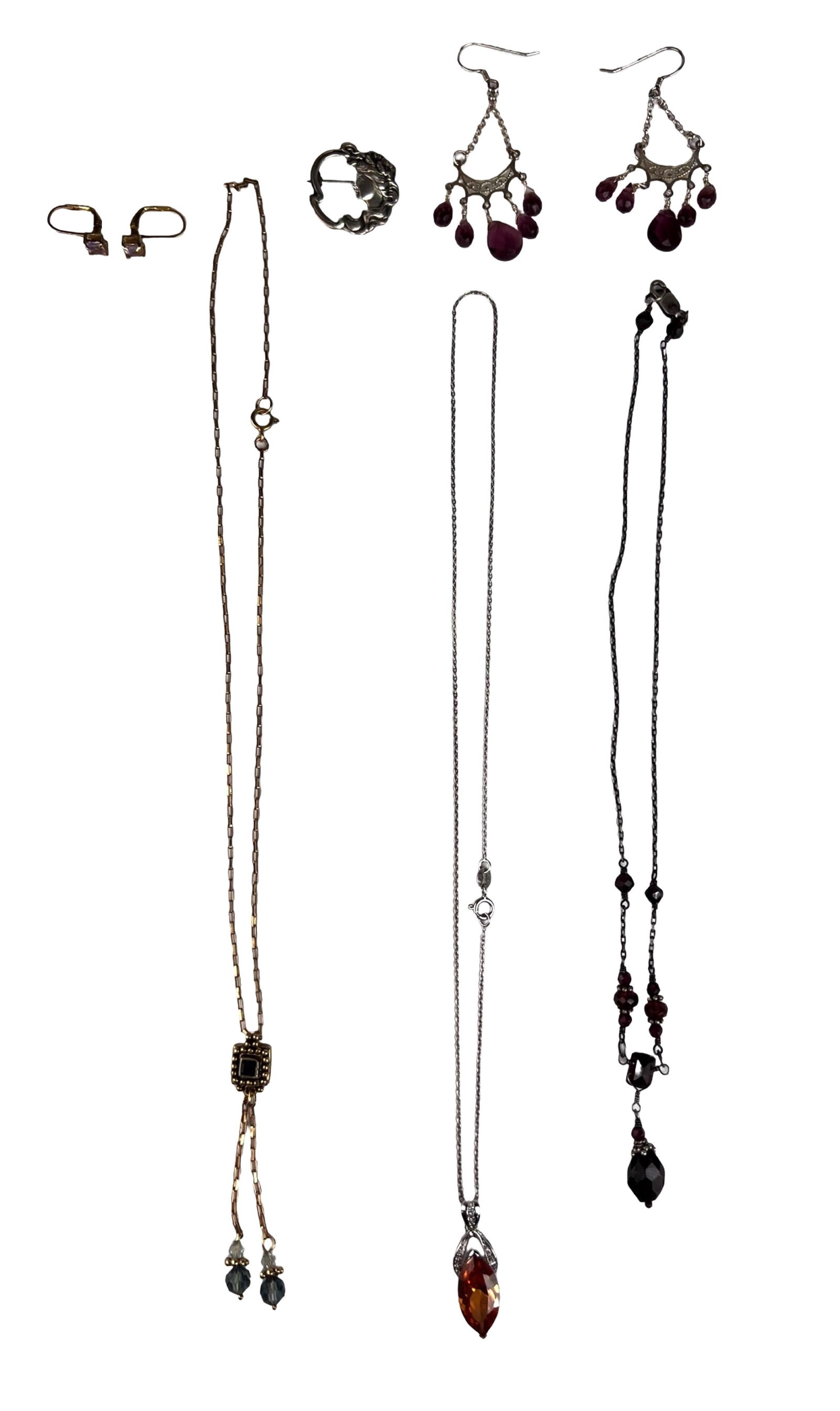 Sterling Silver Jewelry Necklaces Earrings Brooch: Attractive assortment of sterling silver jewelry including three necklaces, two pairs of earrings, and an Art Nouveau style brooch. The group features a mix of styles, from delicate chains with