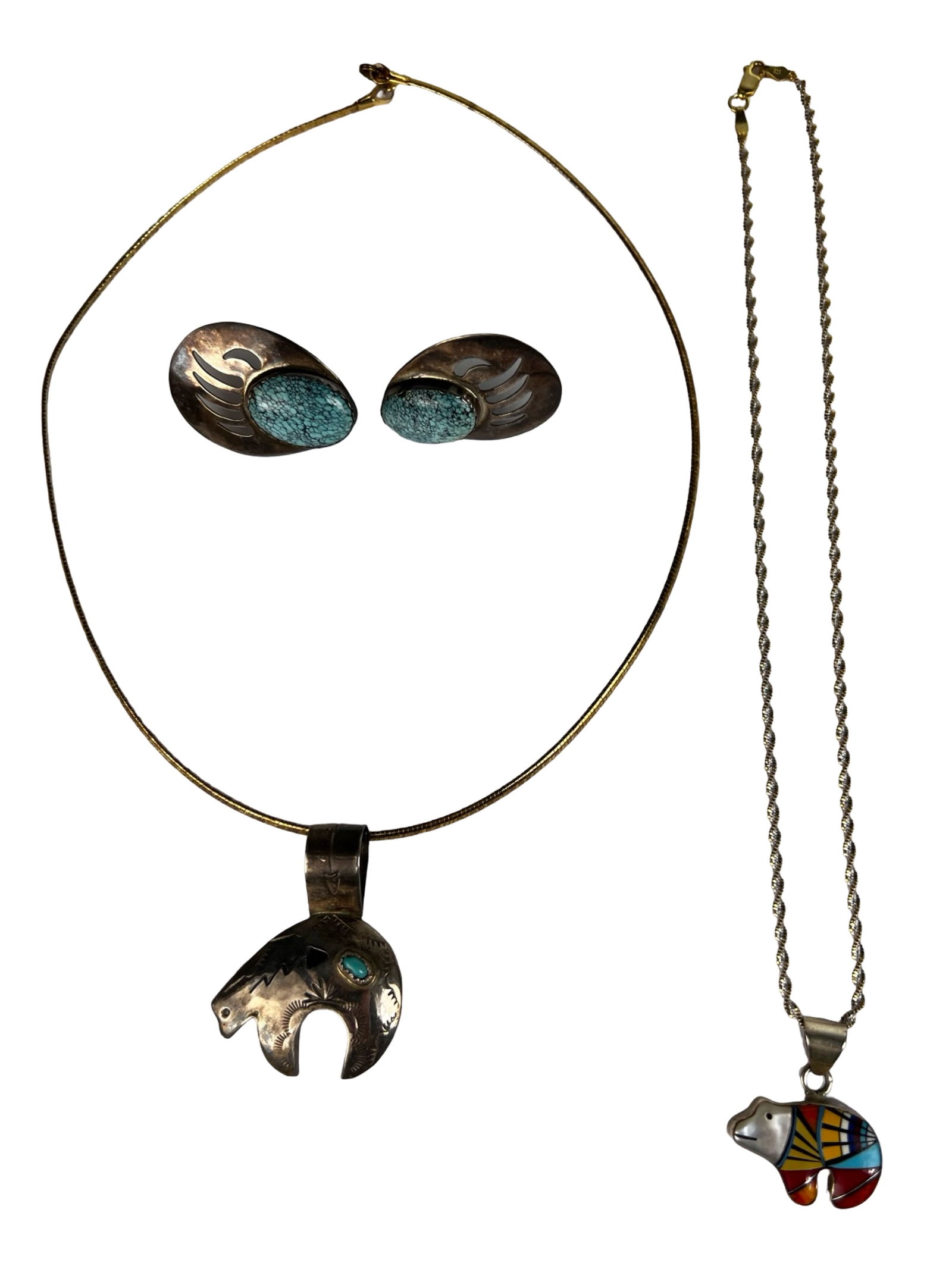 Native American Sterling Silver- Brad Panteah: Exceptional group of Native American sterling silver jewelry centered around bear themed designs, including signed work by noted Zuni artist Brad Panteah. The lot features a pair of bear claw