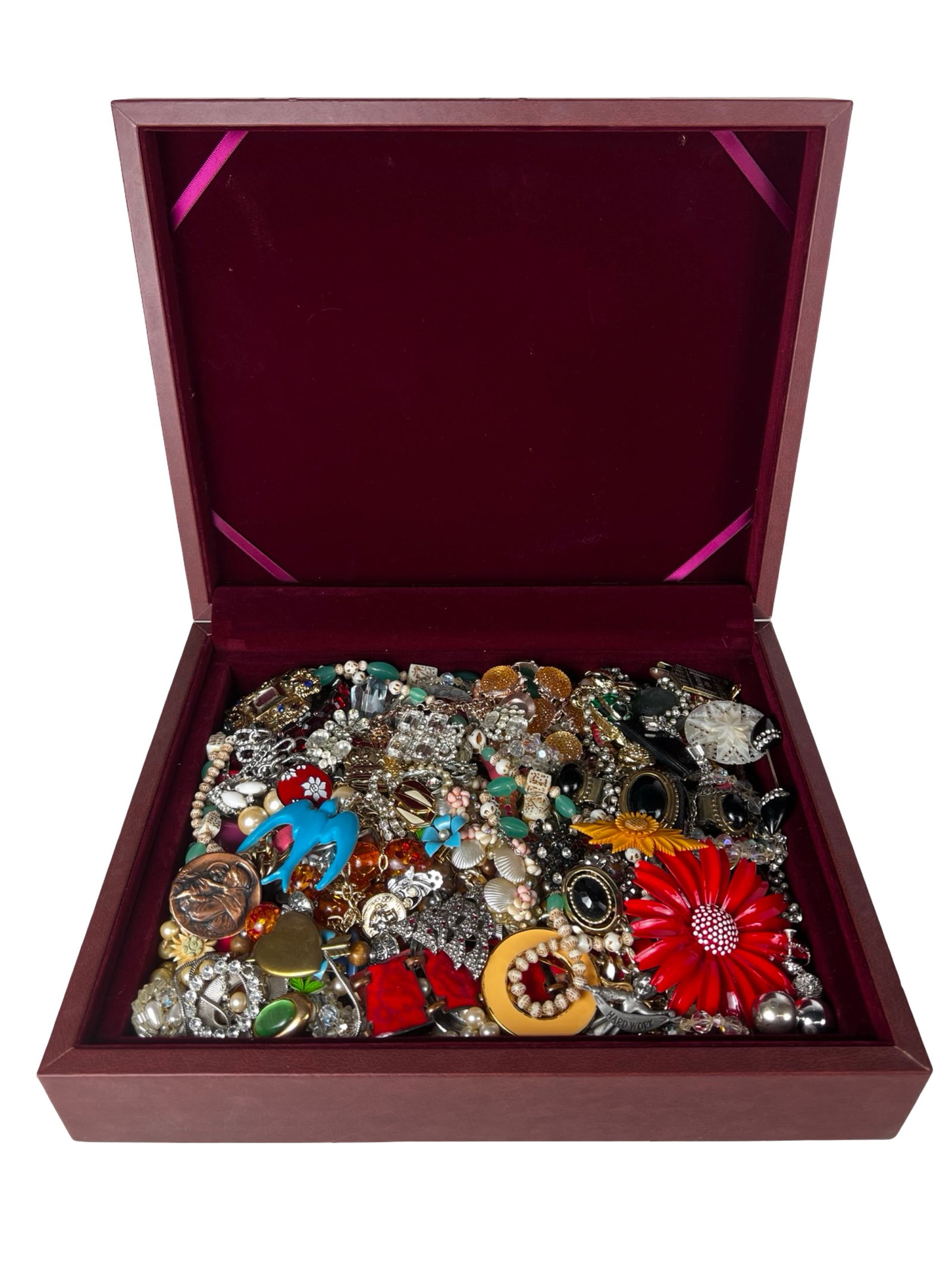 Box filled with Vintage Unsearched Costume Jewelry: A charming assortment of vintage, unsearched costume and craft jewelry awaits, filled with creative potential and nostalgic appeal. The collection offers a wide variety of styles, colors, and